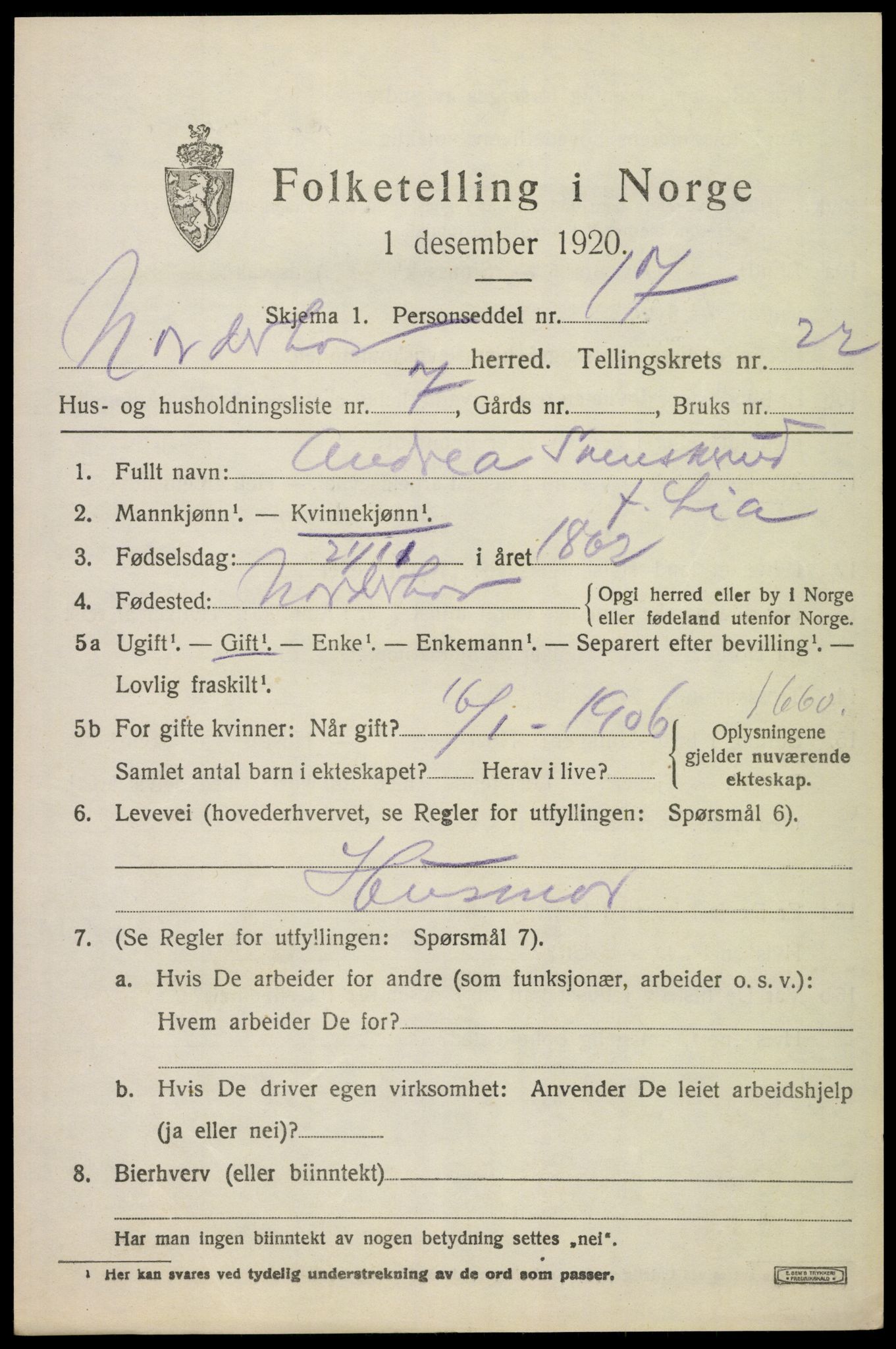 SAKO, 1920 census for Norderhov, 1920, p. 22488