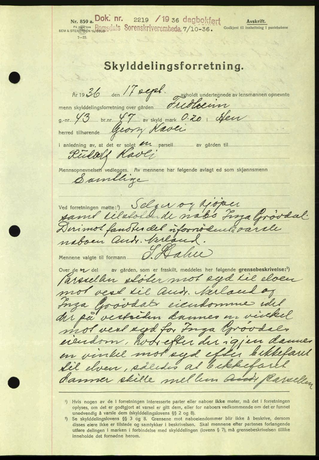 Romsdal sorenskriveri, SAT/A-4149/1/2/2C: Mortgage book no. A2, 1936-1937, Diary no: : 2219/1936