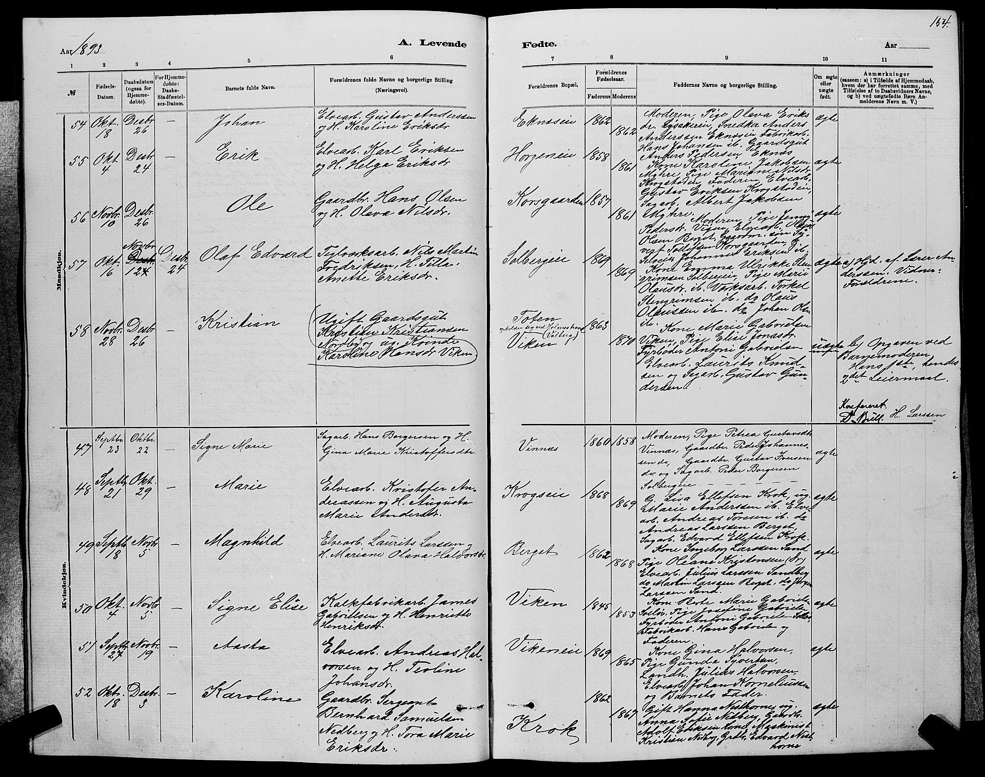 Nedre Eiker kirkebøker, AV/SAKO-A-612/G/Ga/L0002: Parish register (copy) no. 2, 1880-1896, p. 154