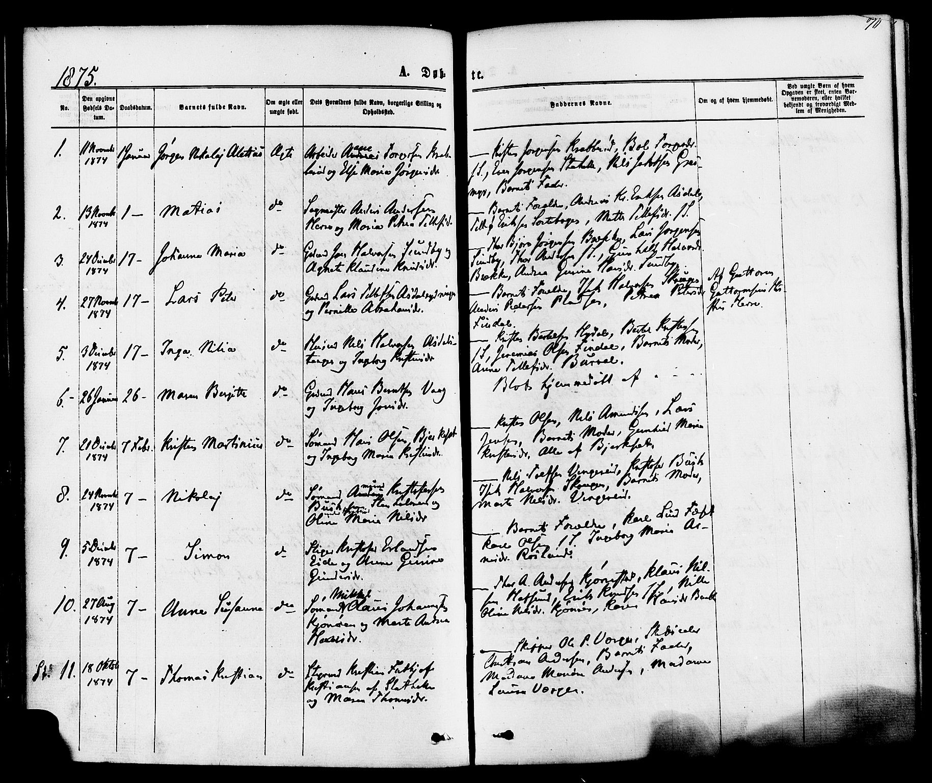 Bamble kirkebøker, AV/SAKO-A-253/F/Fa/L0006: Parish register (official) no. I 6, 1869-1877, p. 70