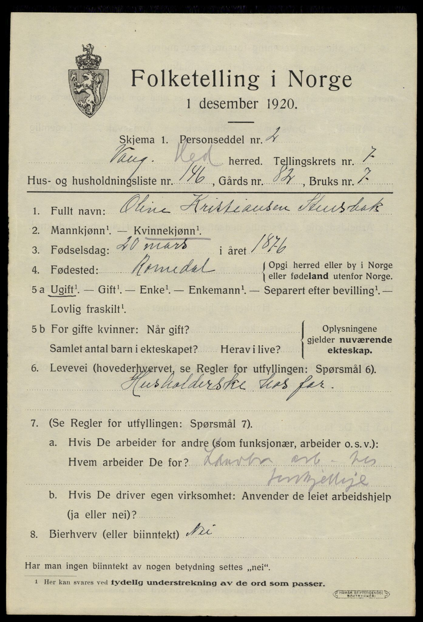 SAH, 1920 census for Vang (Hedmark), 1920, p. 17455