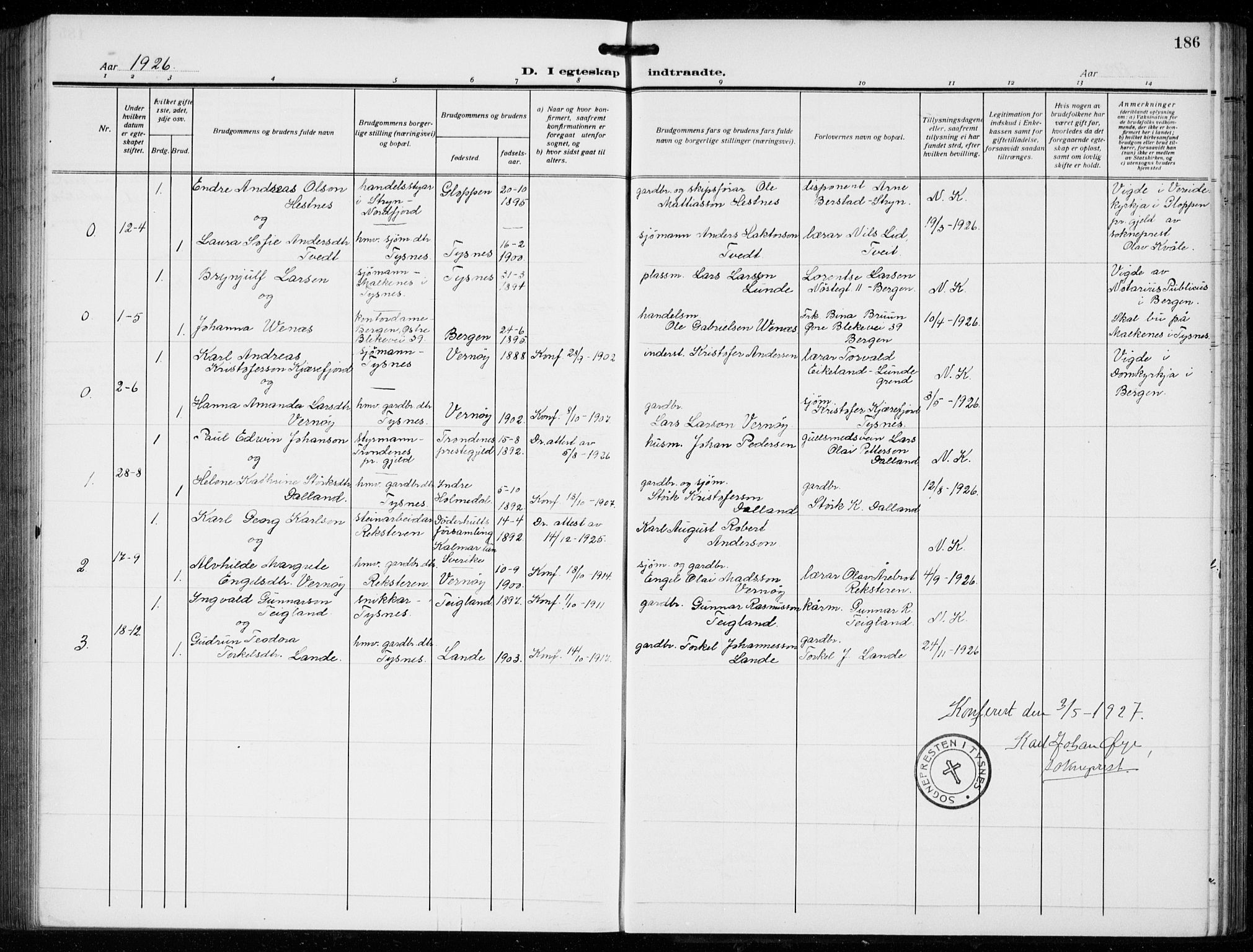 Tysnes sokneprestembete, SAB/A-78601/H/Hab: Parish register (copy) no. B  3, 1918-1935, p. 186