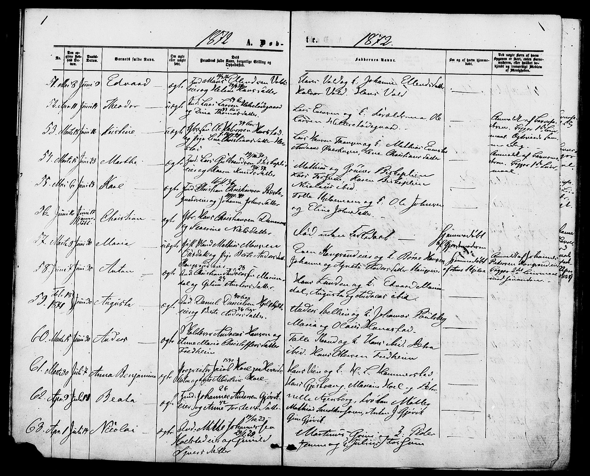 Nes prestekontor, Hedmark, SAH/PREST-020/K/Ka/L0005: Parish register (official) no. 5, 1872-1886, p. 1
