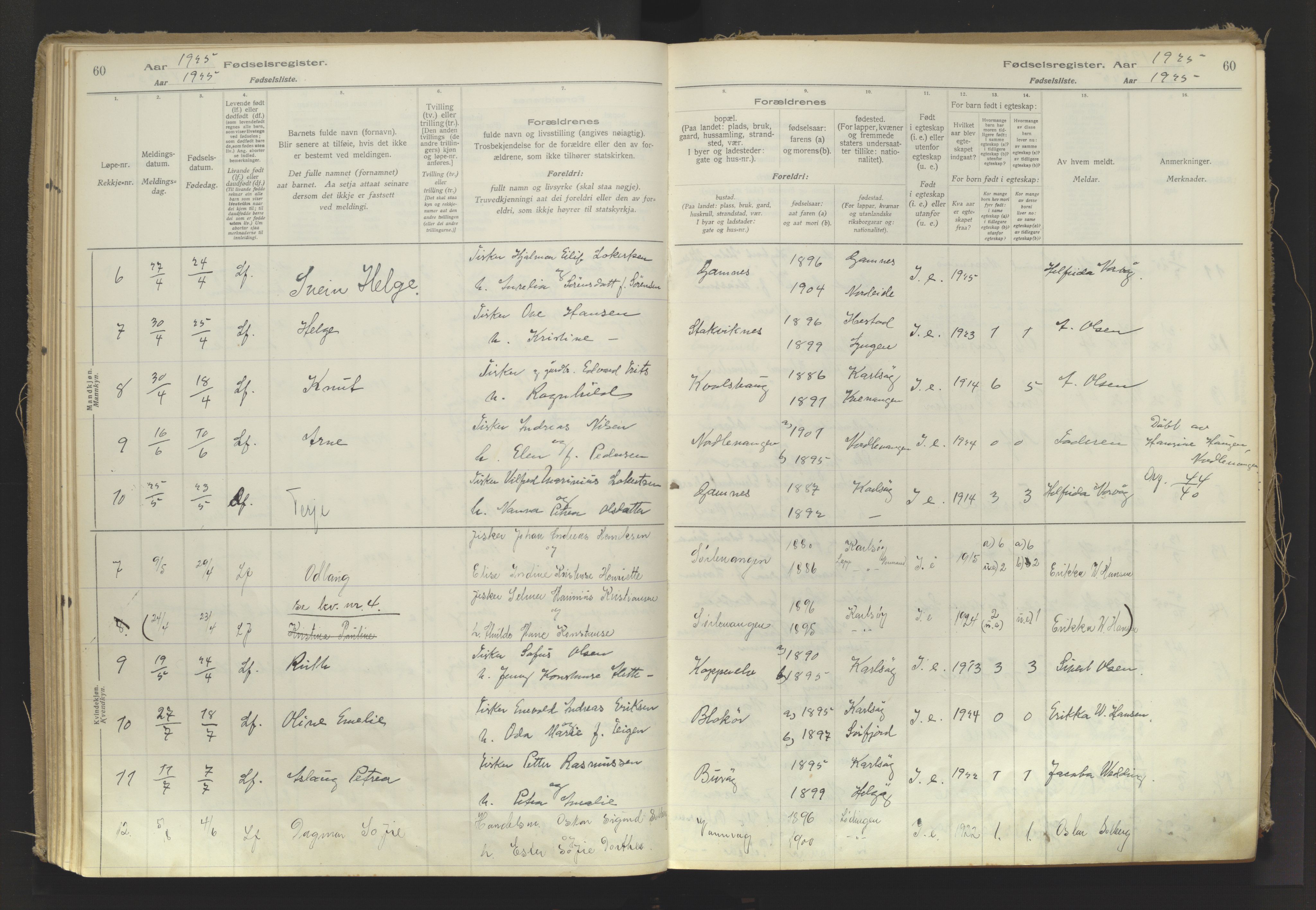 Karlsøy sokneprestembete, AV/SATØ-S-1299/I/Ic/L0064: Birth register no. 64, 1916-1943, p. 60