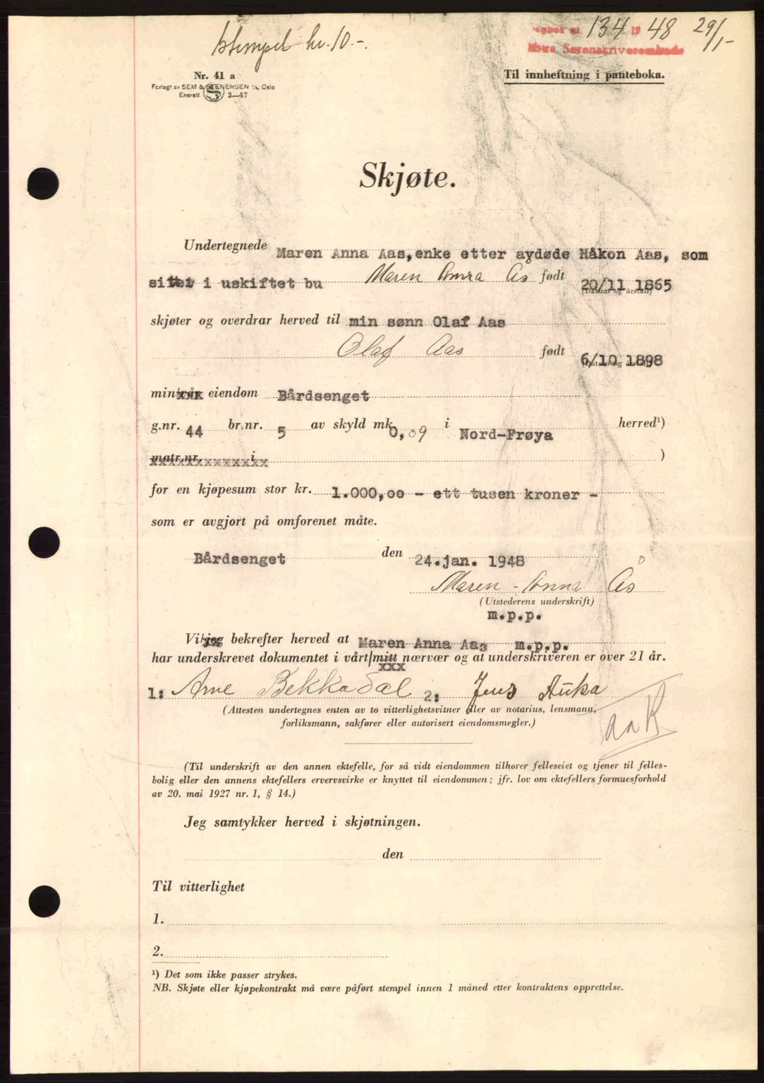 Hitra sorenskriveri, AV/SAT-A-0018/2/2C/2Ca: Mortgage book no. A5, 1947-1948, Diary no: : 134/1948