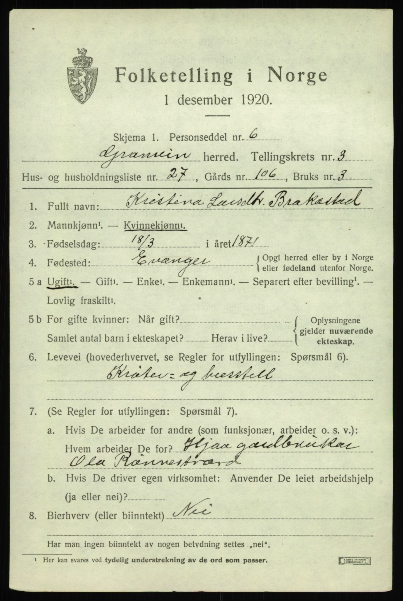 SAB, 1920 census for Granvin, 1920, p. 1450