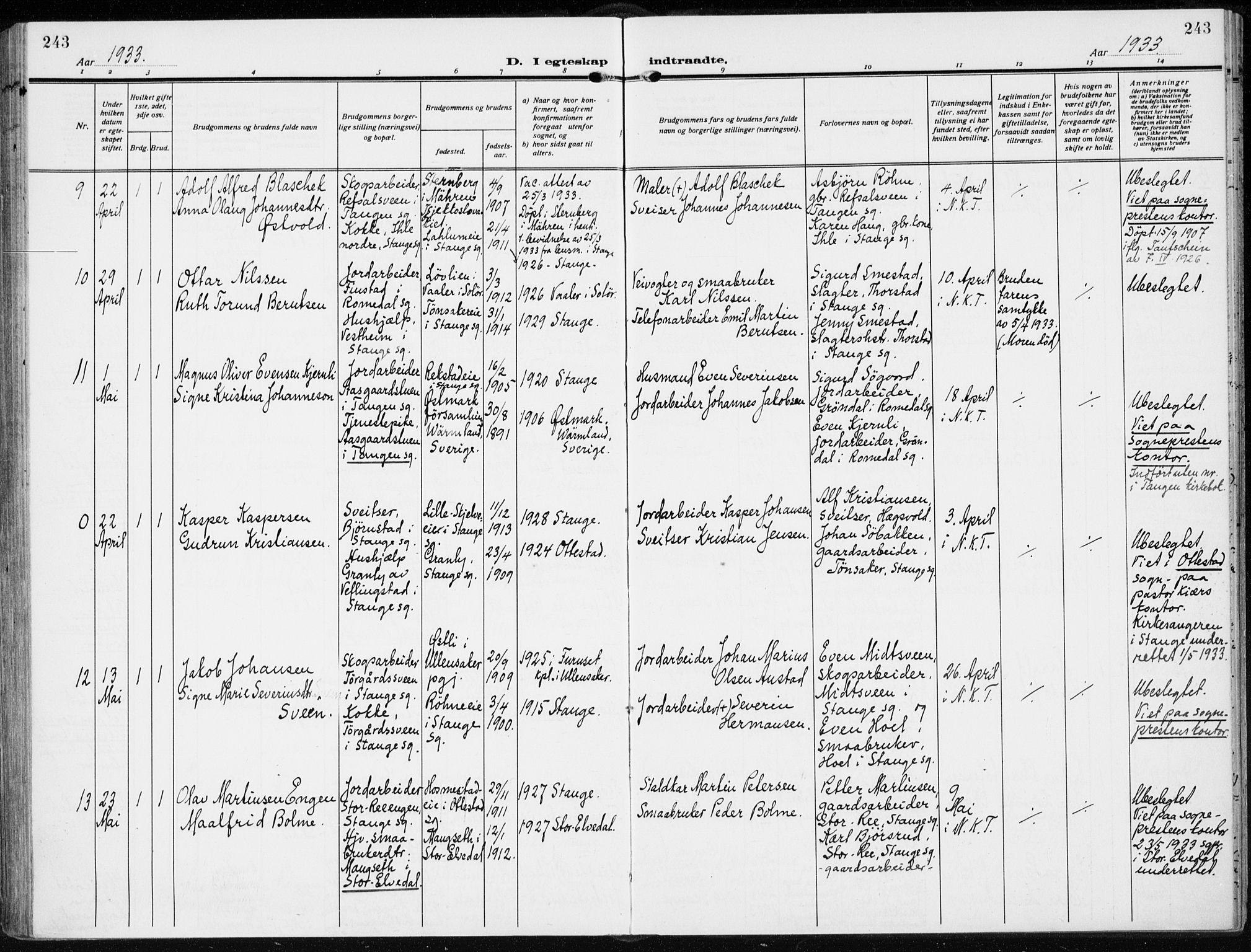 Stange prestekontor, AV/SAH-PREST-002/K/L0026: Parish register (official) no. 26, 1923-1937, p. 243