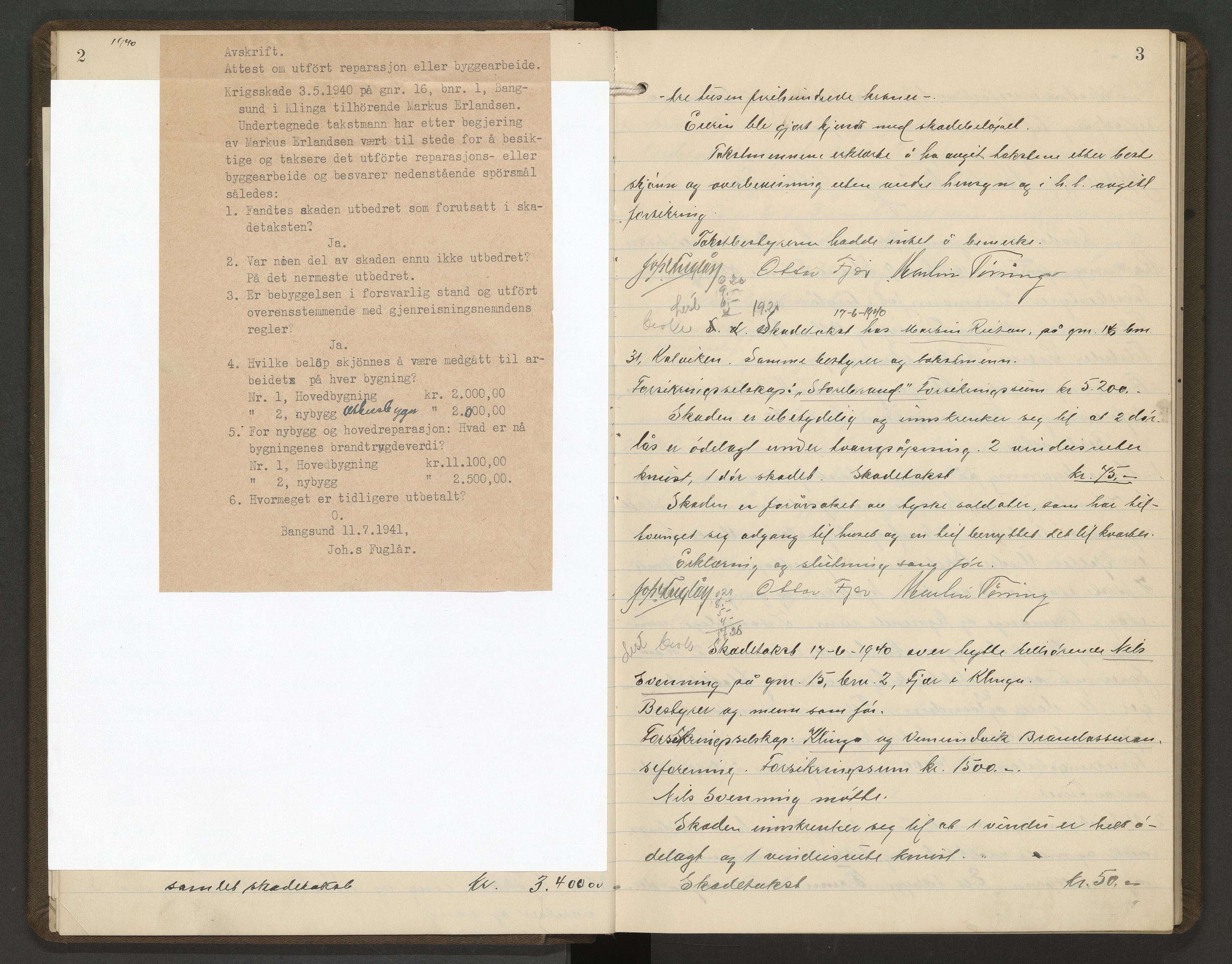 Norges Brannkasse Namsos, AV/SAT-A-5596/Fa/L0001: Branntakstprotokoll, 1940-1953