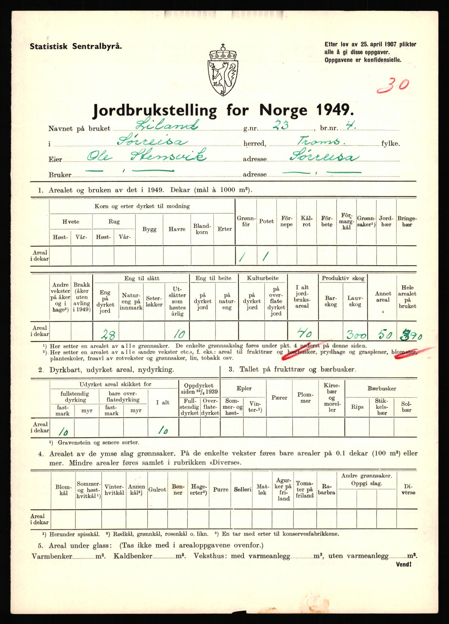 Statistisk sentralbyrå, Næringsøkonomiske emner, Jordbruk, skogbruk, jakt, fiske og fangst, AV/RA-S-2234/G/Gc/L0440: Troms: Sørreisa og Dyrøy, 1949, p. 545