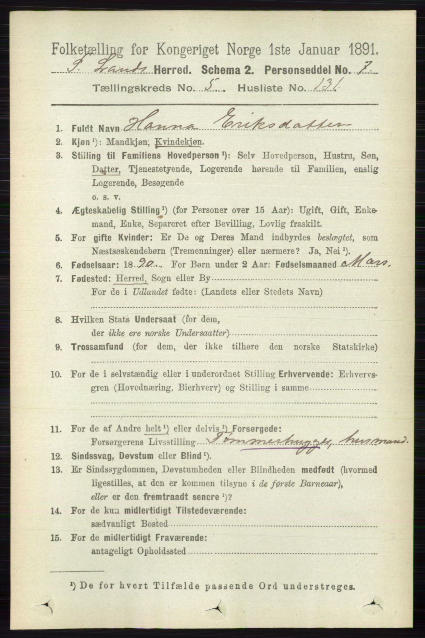 RA, 1891 census for 0536 Søndre Land, 1891, p. 5698