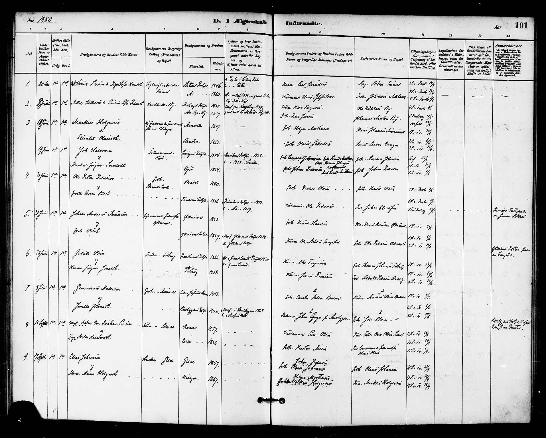 Ministerialprotokoller, klokkerbøker og fødselsregistre - Sør-Trøndelag, AV/SAT-A-1456/655/L0680: Parish register (official) no. 655A09, 1880-1894, p. 191