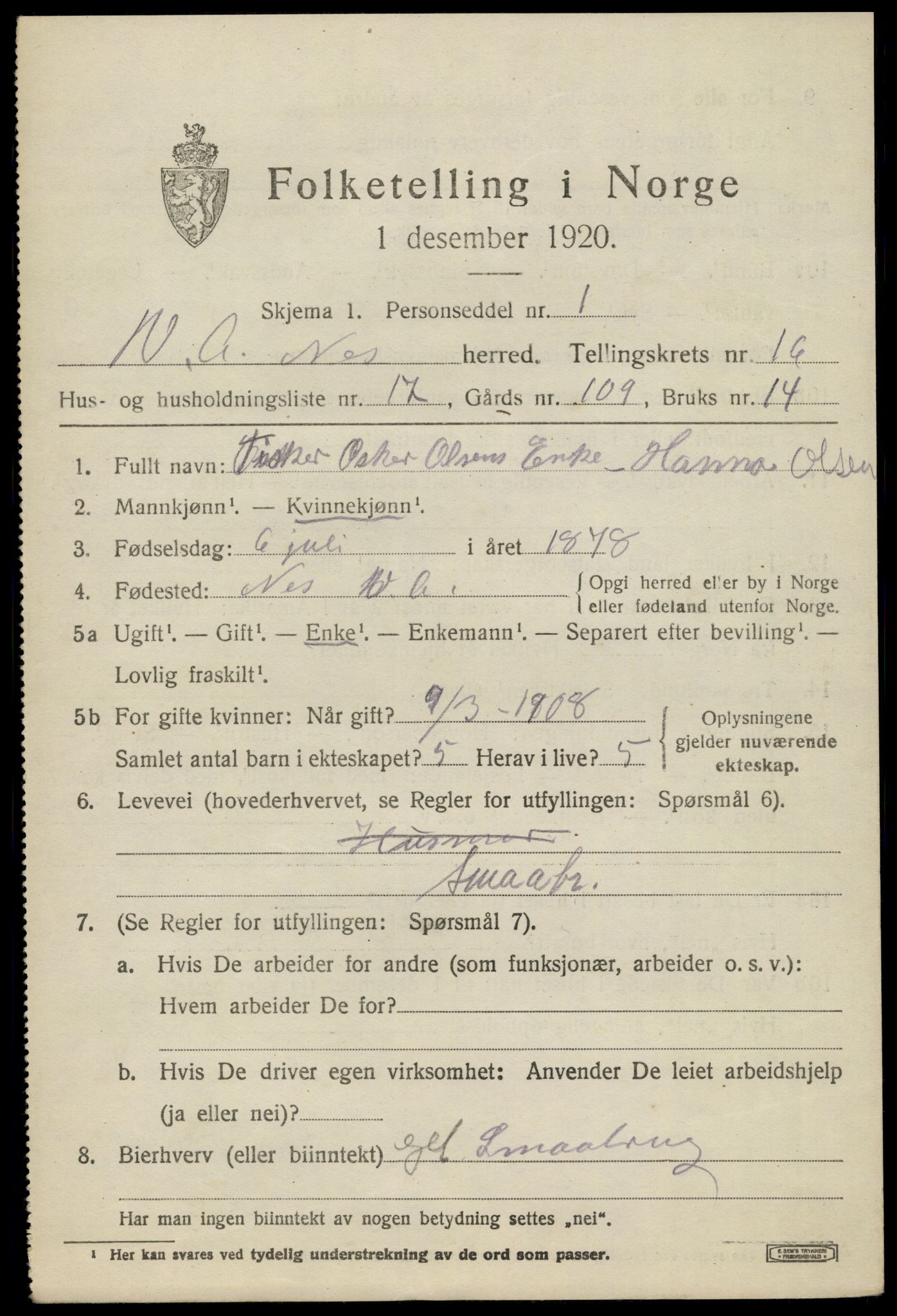 SAK, 1920 census for Nes (V-A), 1920, p. 5912