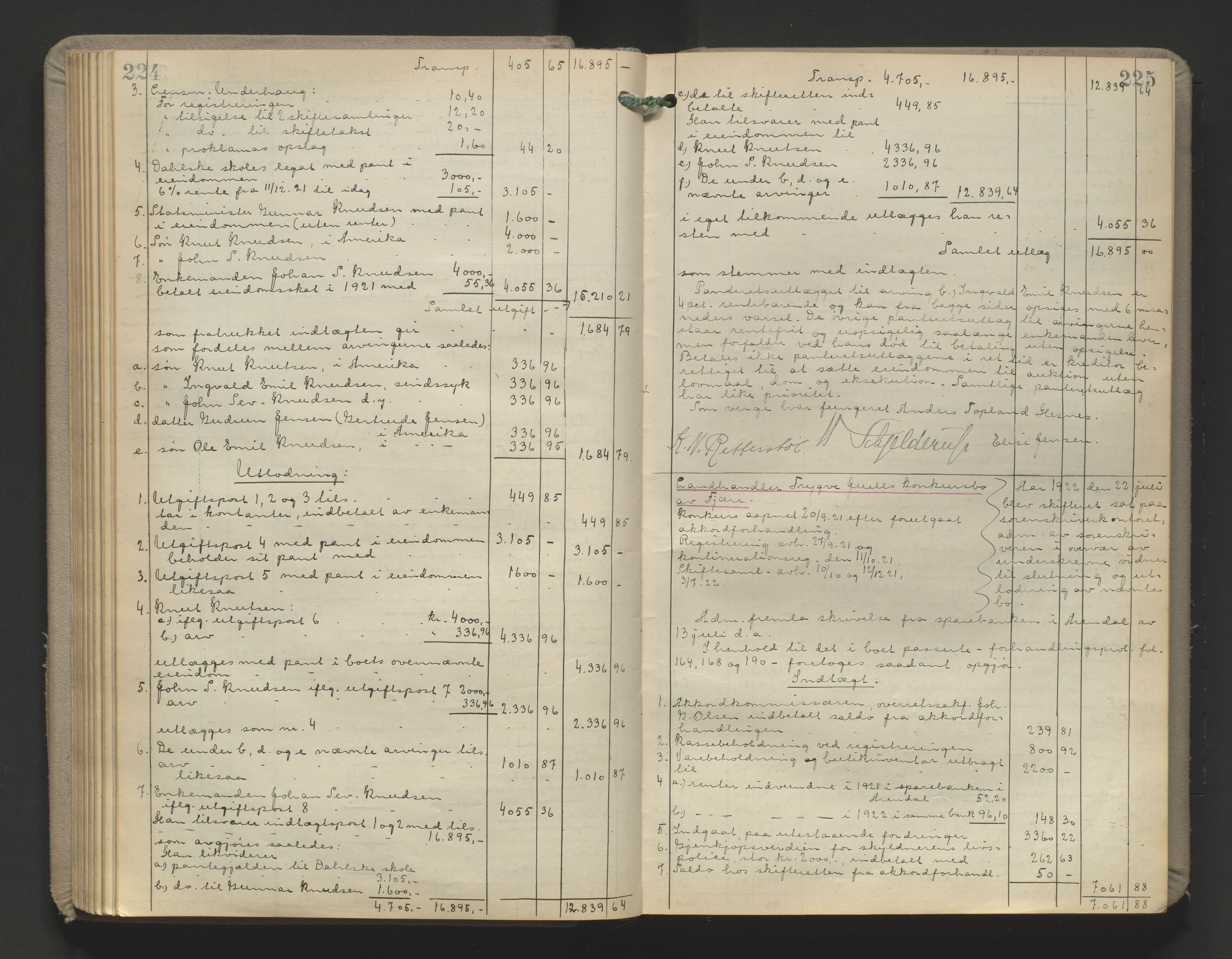 Vestre Nedenes/Sand sorenskriveri, AV/SAK-1221-0010/H/Hc/L0022: Skifteutlodningsprotokoll nr. 9, 1919-1932, p. 224-225