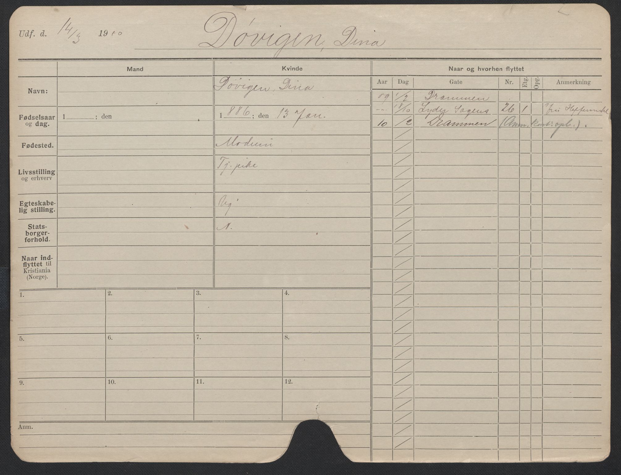 Oslo folkeregister, Registerkort, AV/SAO-A-11715/F/Fa/Fac/L0013: Kvinner, 1906-1914, p. 1369a