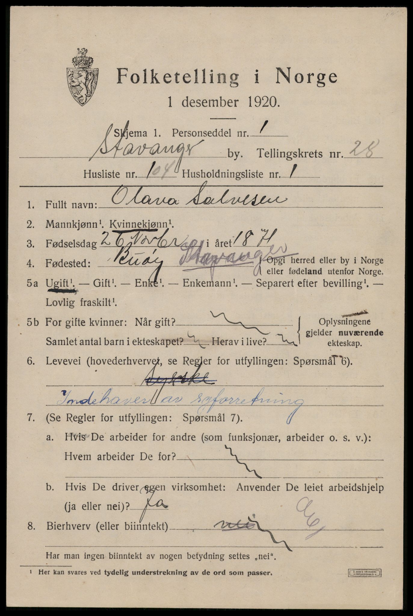 SAST, 1920 census for Stavanger, 1920, p. 82604