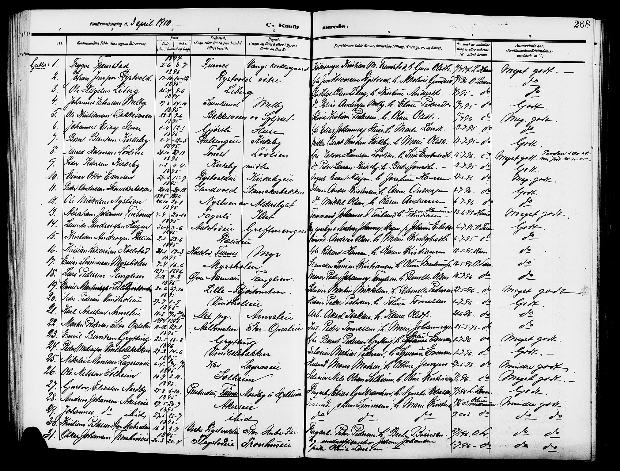 Vang prestekontor, Hedmark, SAH/PREST-008/H/Ha/Hab/L0014: Parish register (copy) no. 14, 1896-1914, p. 268