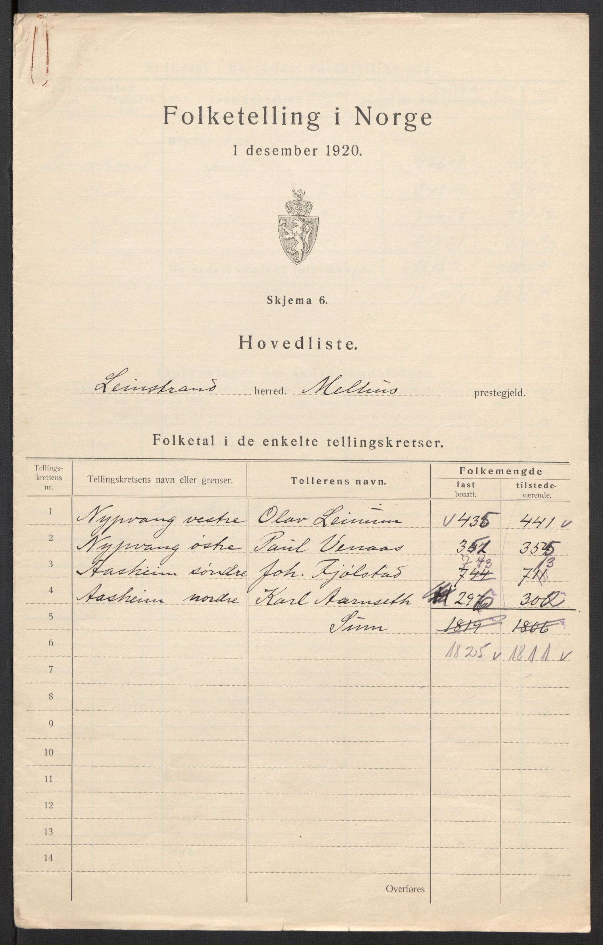 SAT, 1920 census for Leinstrand, 1920, p. 5