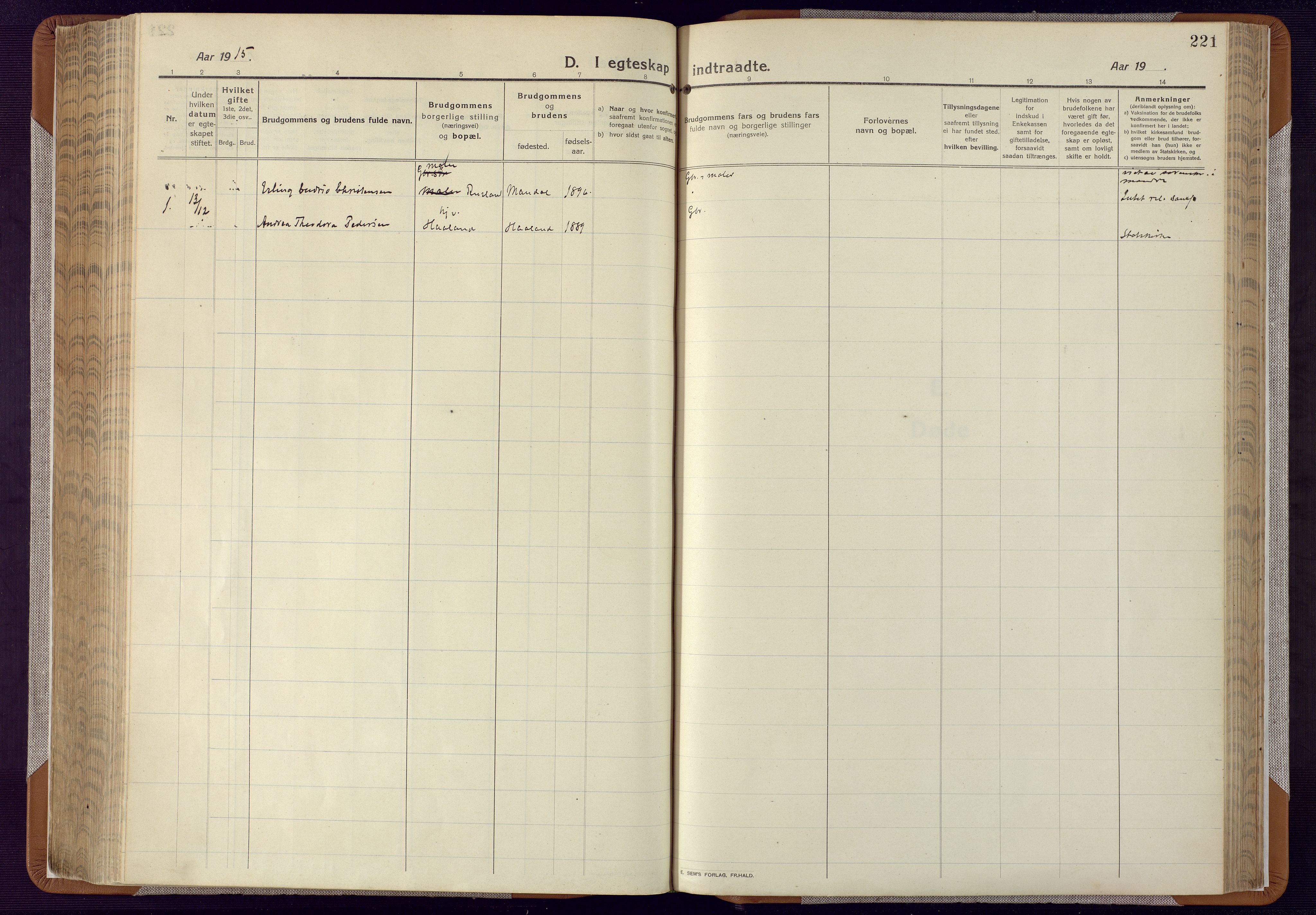 Mandal sokneprestkontor, AV/SAK-1111-0030/F/Fa/Faa/L0022: Parish register (official) no. A 22, 1913-1925, p. 221