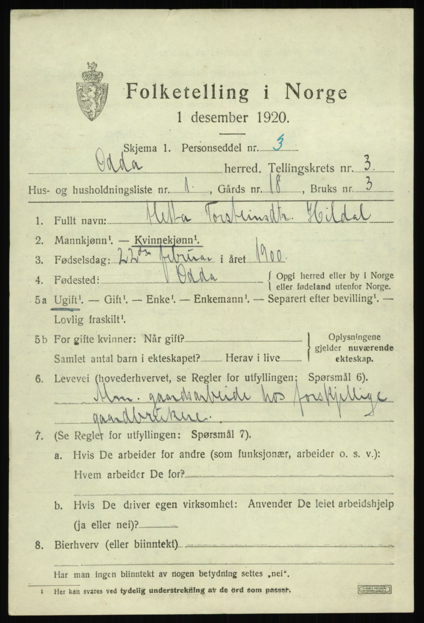 SAB, 1920 census for Odda, 1920, p. 2147