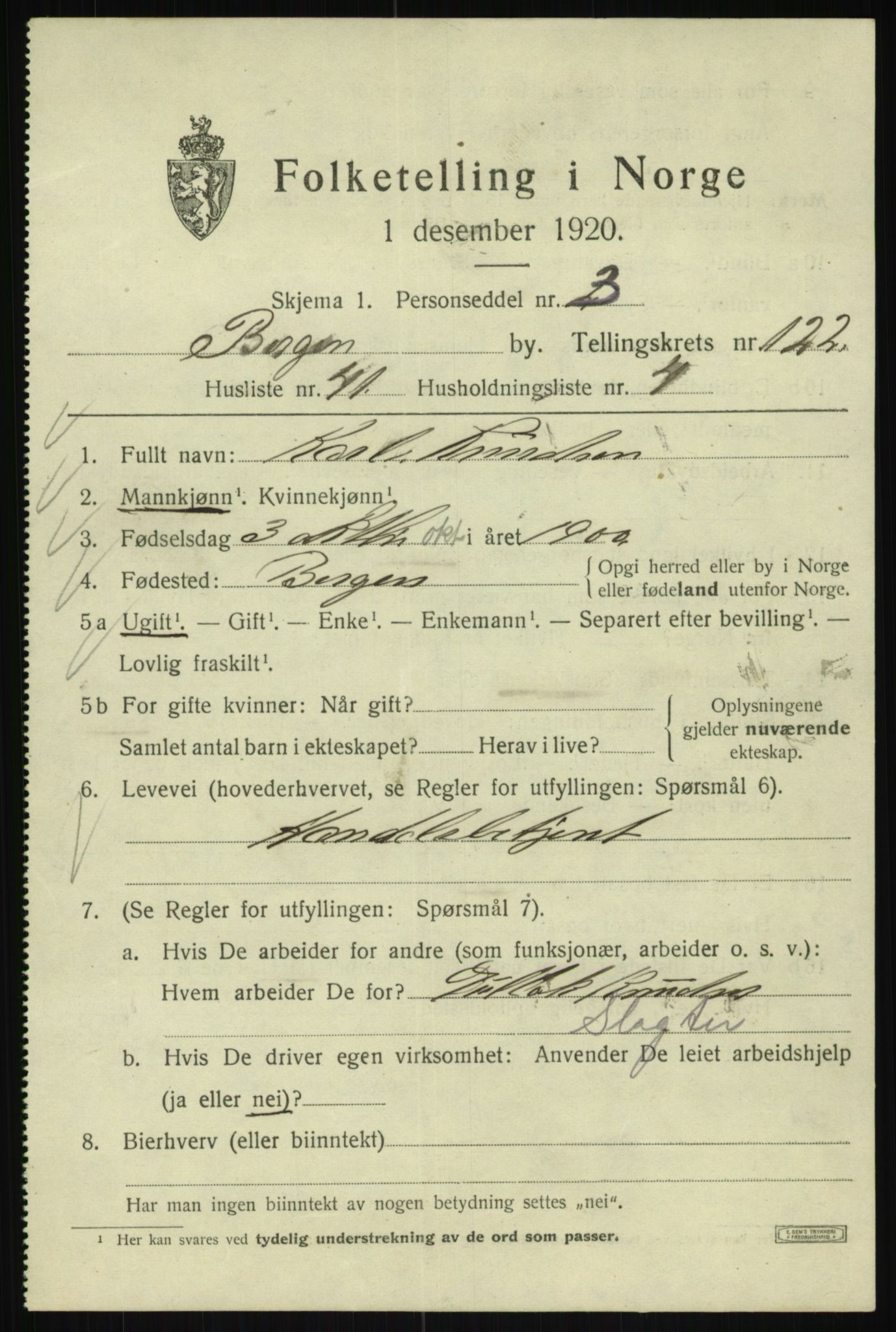 SAB, 1920 census for Bergen, 1920, p. 206546