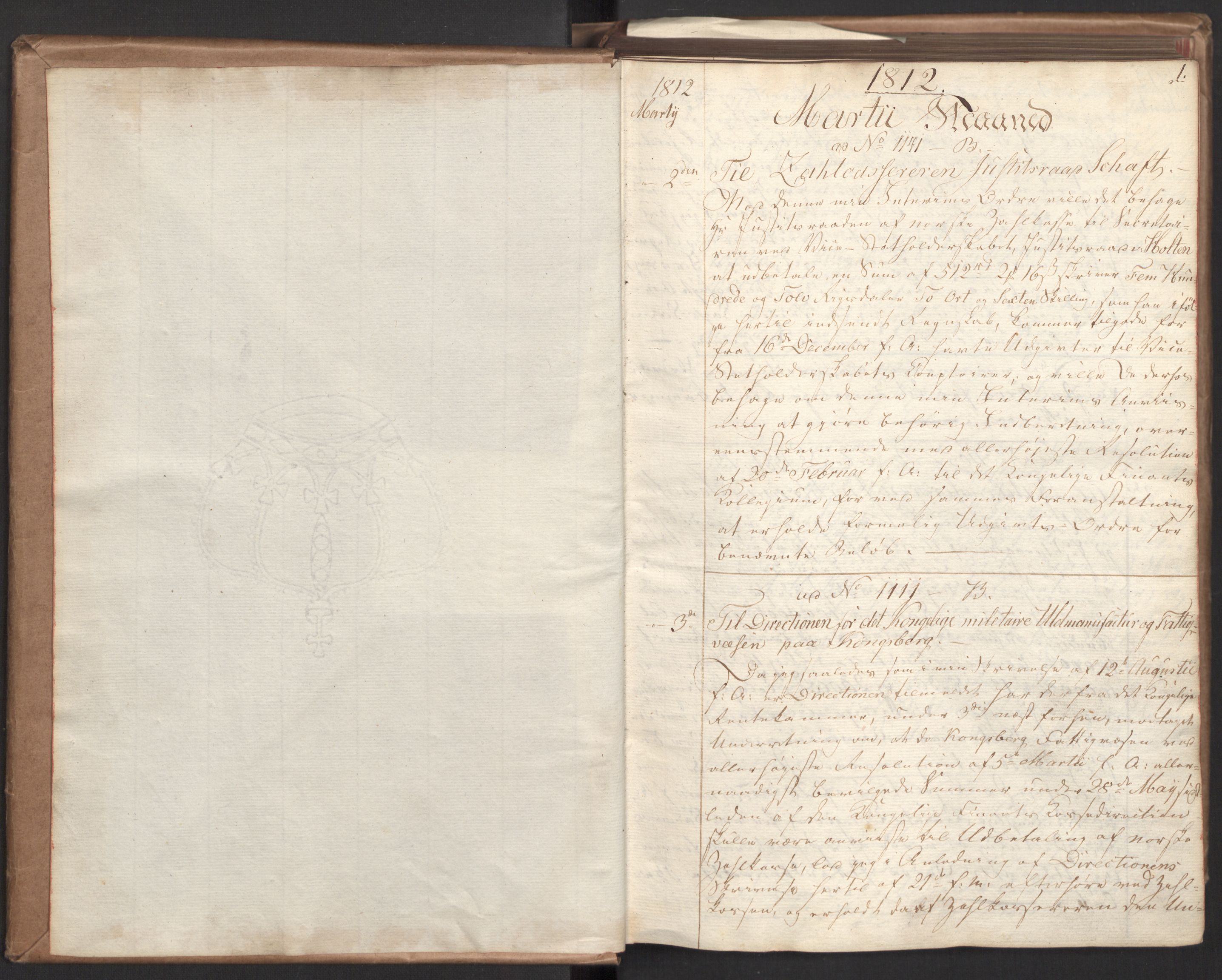 Stattholderembetet 1810-1814, 2. kontor (Kontor B), RA/EA-5432/Bc/L0002: Korrespondanseprotokoll, 1812-1813, p. 1a