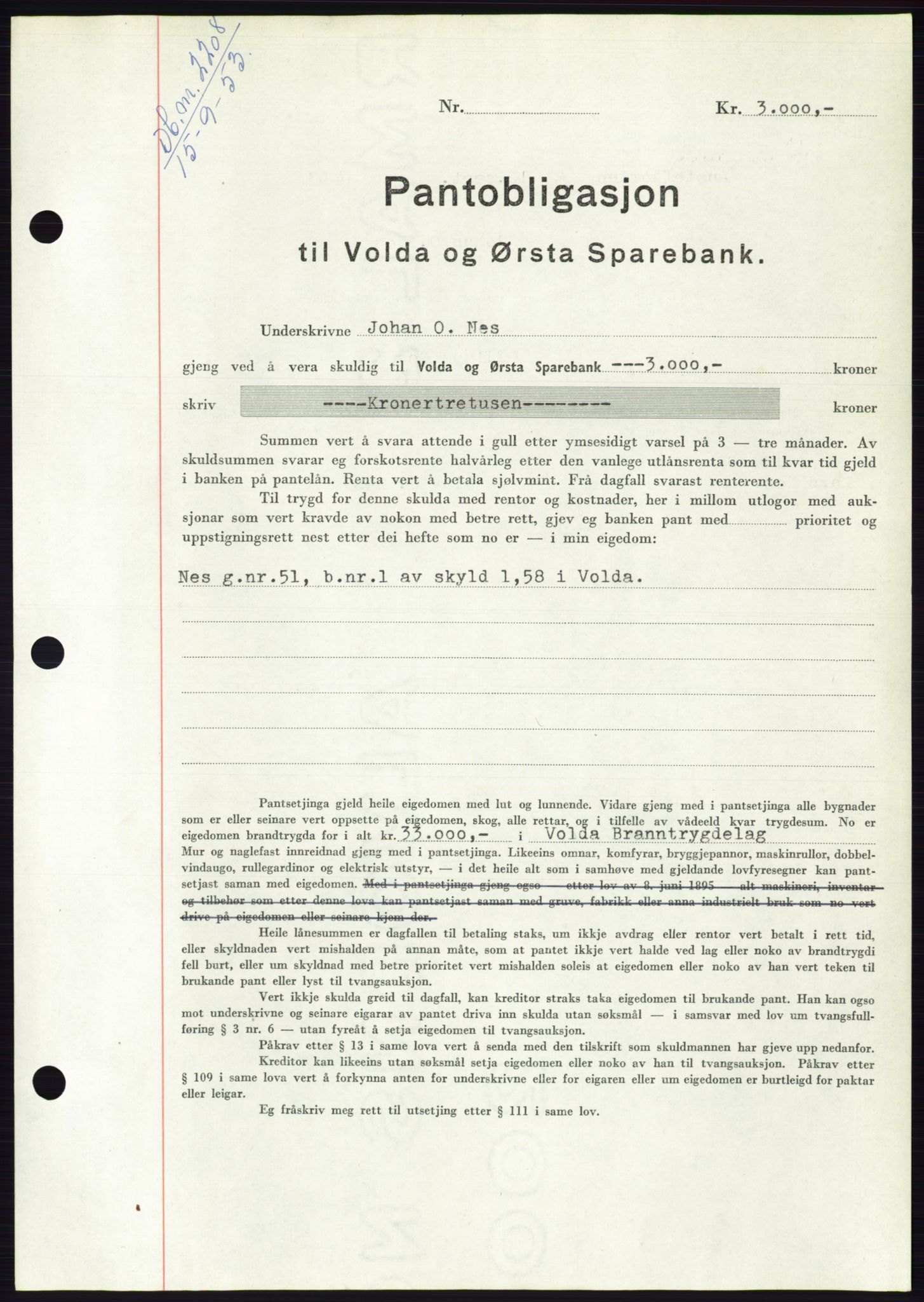 Søre Sunnmøre sorenskriveri, AV/SAT-A-4122/1/2/2C/L0123: Mortgage book no. 11B, 1953-1953, Diary no: : 2208/1953