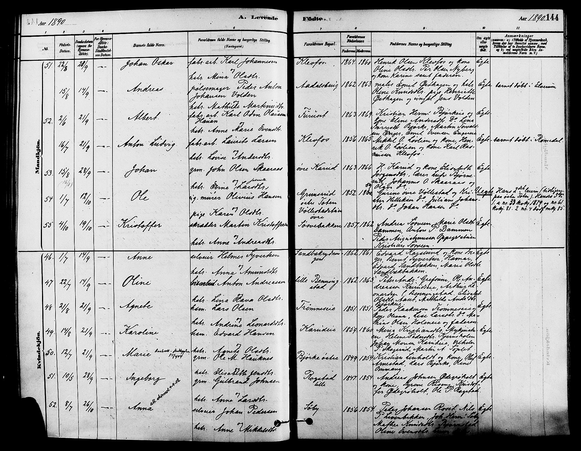 Løten prestekontor, SAH/PREST-022/K/Ka/L0009: Parish register (official) no. 9, 1878-1891, p. 144