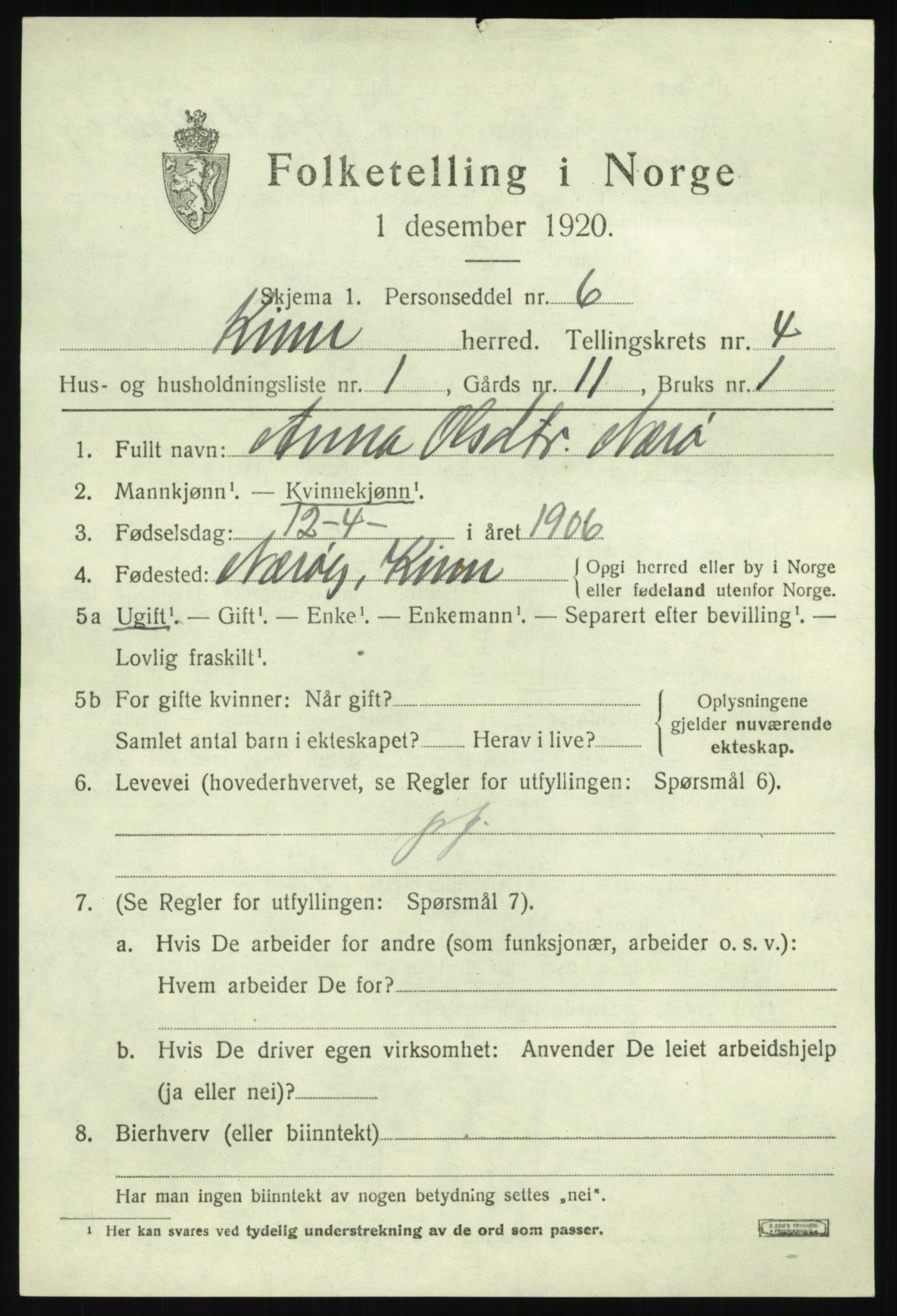 SAB, 1920 census for Kinn, 1920, p. 2553