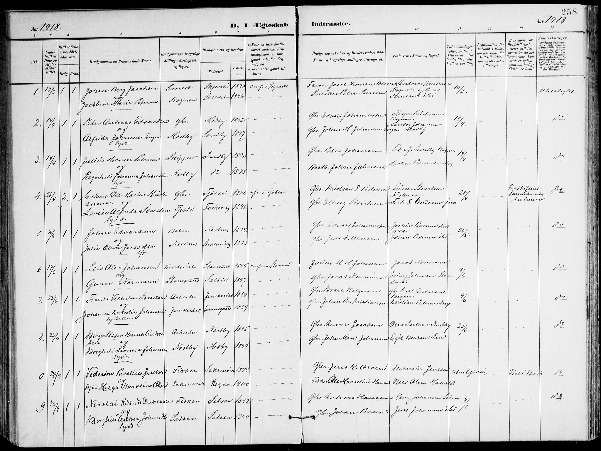 Ministerialprotokoller, klokkerbøker og fødselsregistre - Nordland, SAT/A-1459/847/L0672: Parish register (official) no. 847A12, 1902-1919, p. 258