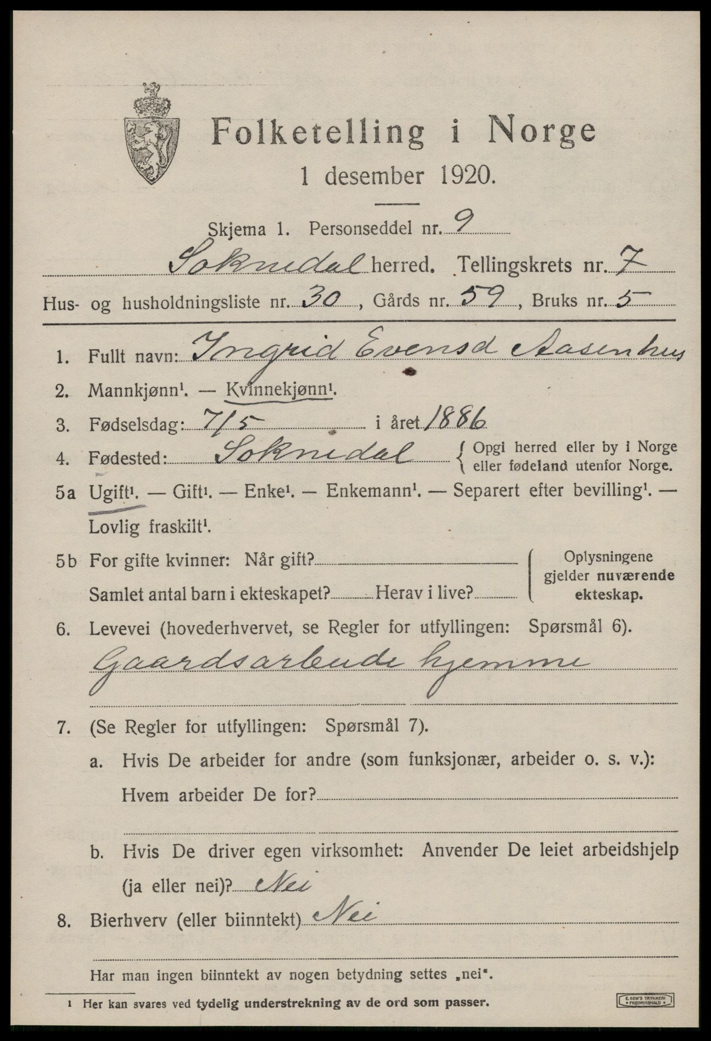 SAT, 1920 census for Soknedal, 1920, p. 3740