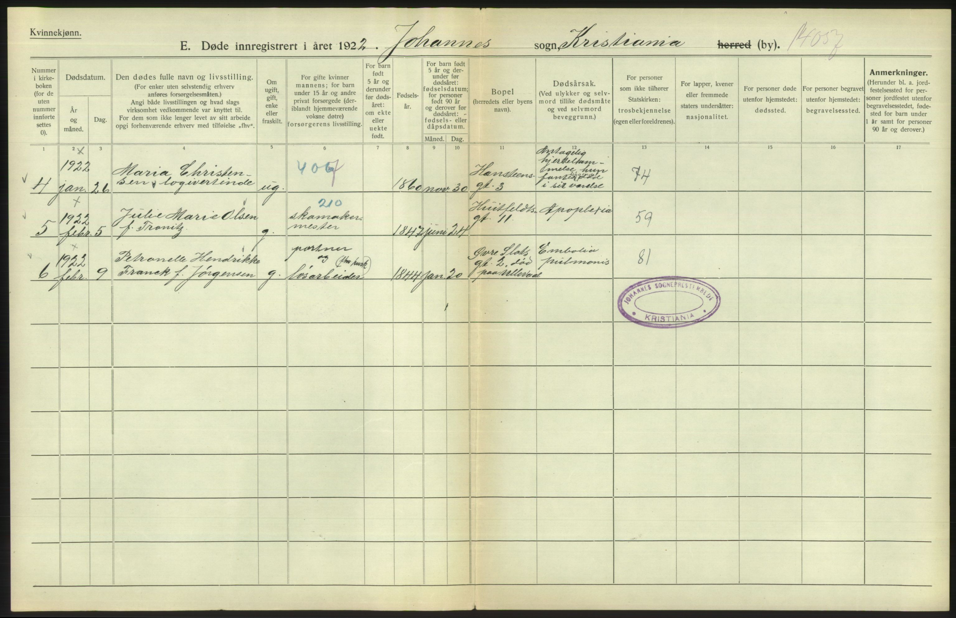 Statistisk sentralbyrå, Sosiodemografiske emner, Befolkning, AV/RA-S-2228/D/Df/Dfc/Dfcb/L0009: Kristiania: Døde, 1922, p. 98