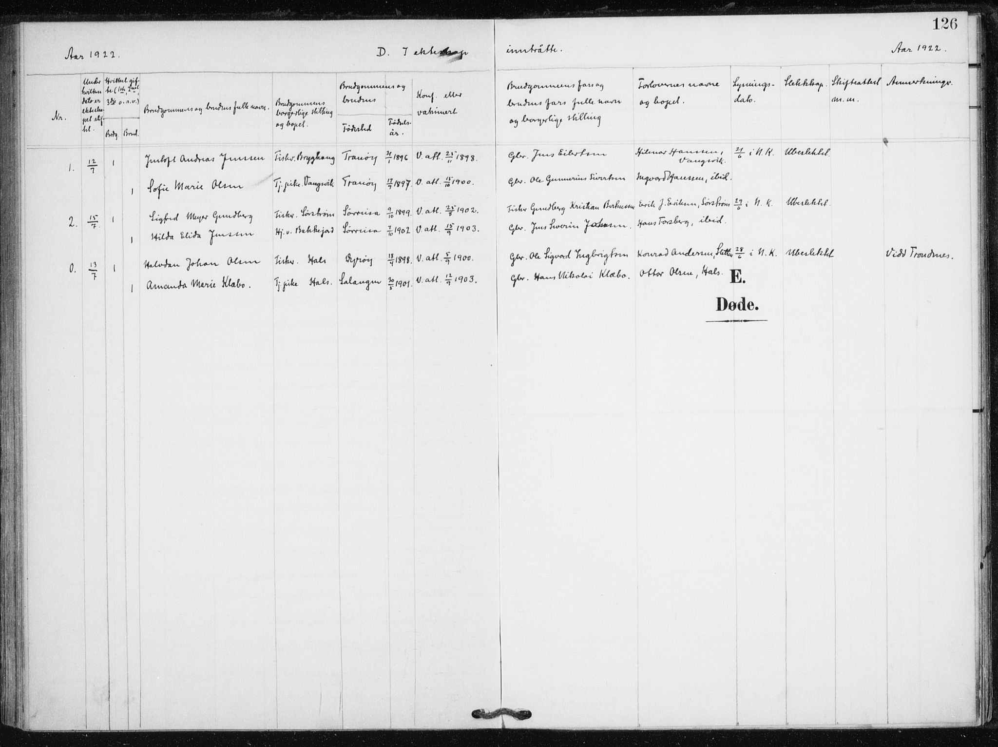 Tranøy sokneprestkontor, AV/SATØ-S-1313/I/Ia/Iaa/L0013kirke: Parish register (official) no. 13, 1905-1922, p. 126