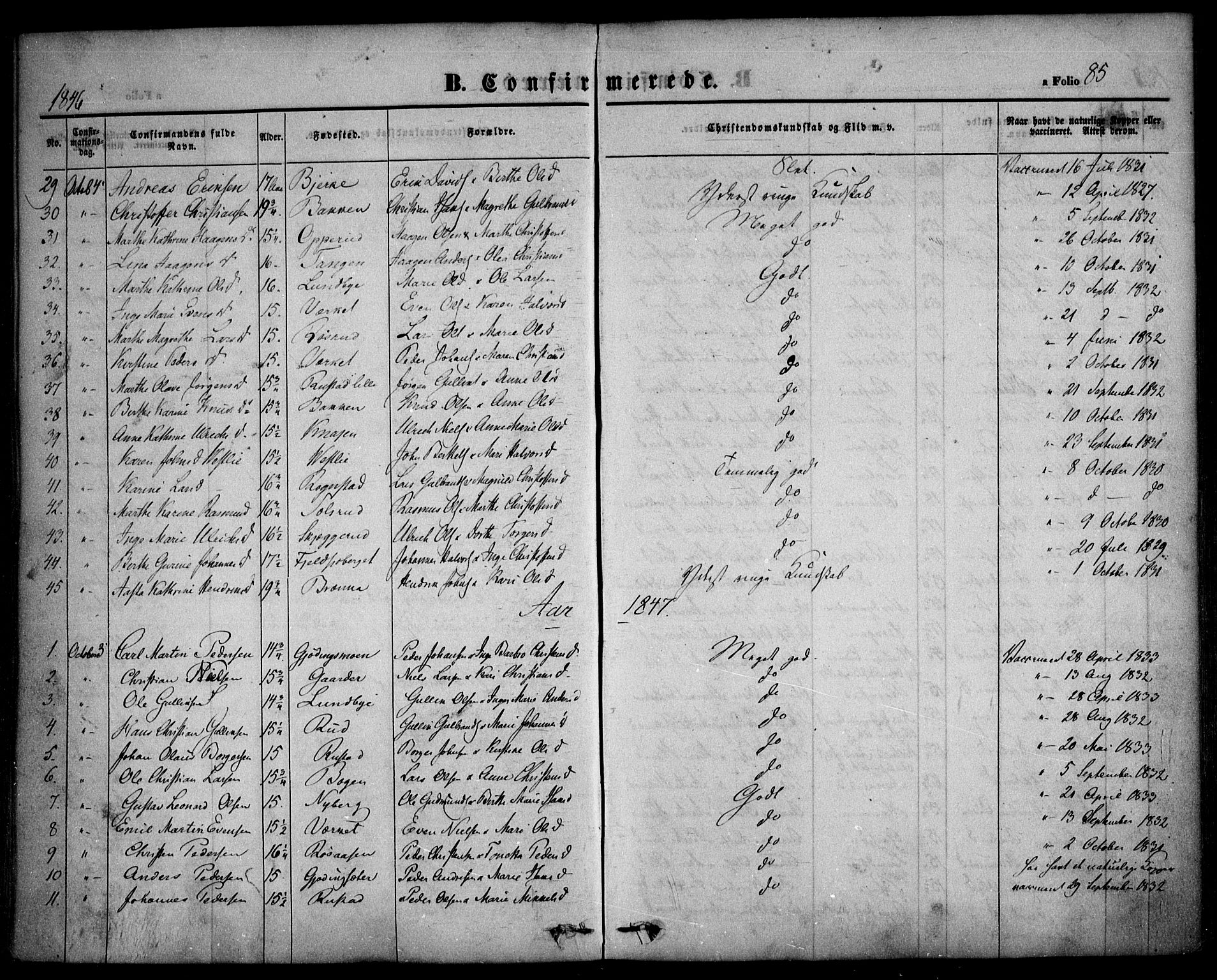 Hurdal prestekontor Kirkebøker, AV/SAO-A-10889/F/Fa/L0005: Parish register (official) no. I 5, 1846-1859, p. 85