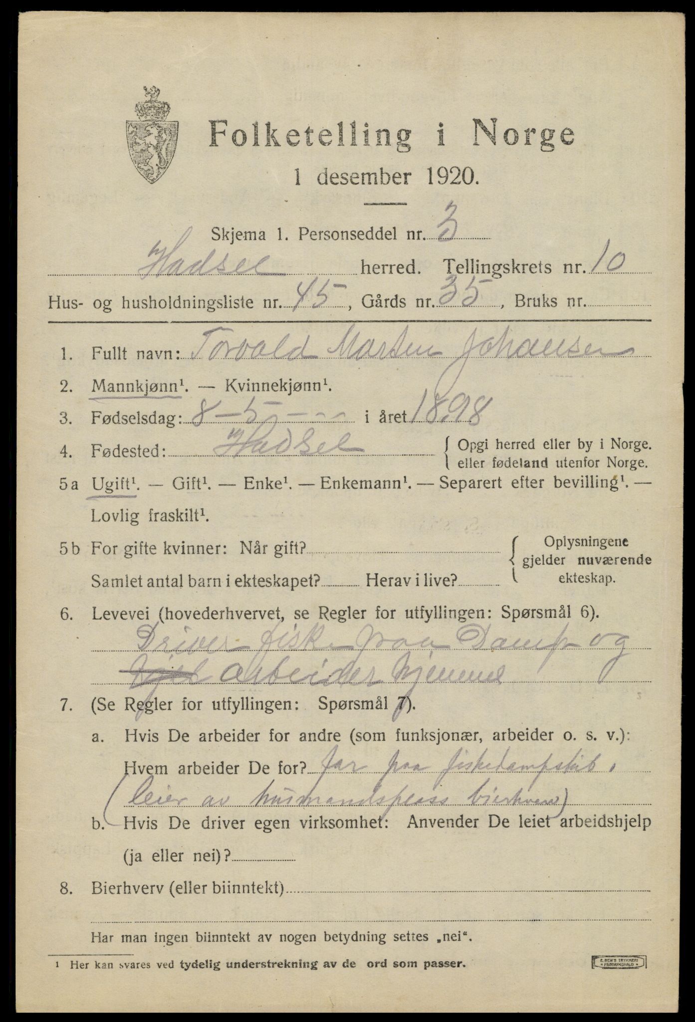 SAT, 1920 census for Hadsel, 1920, p. 8688