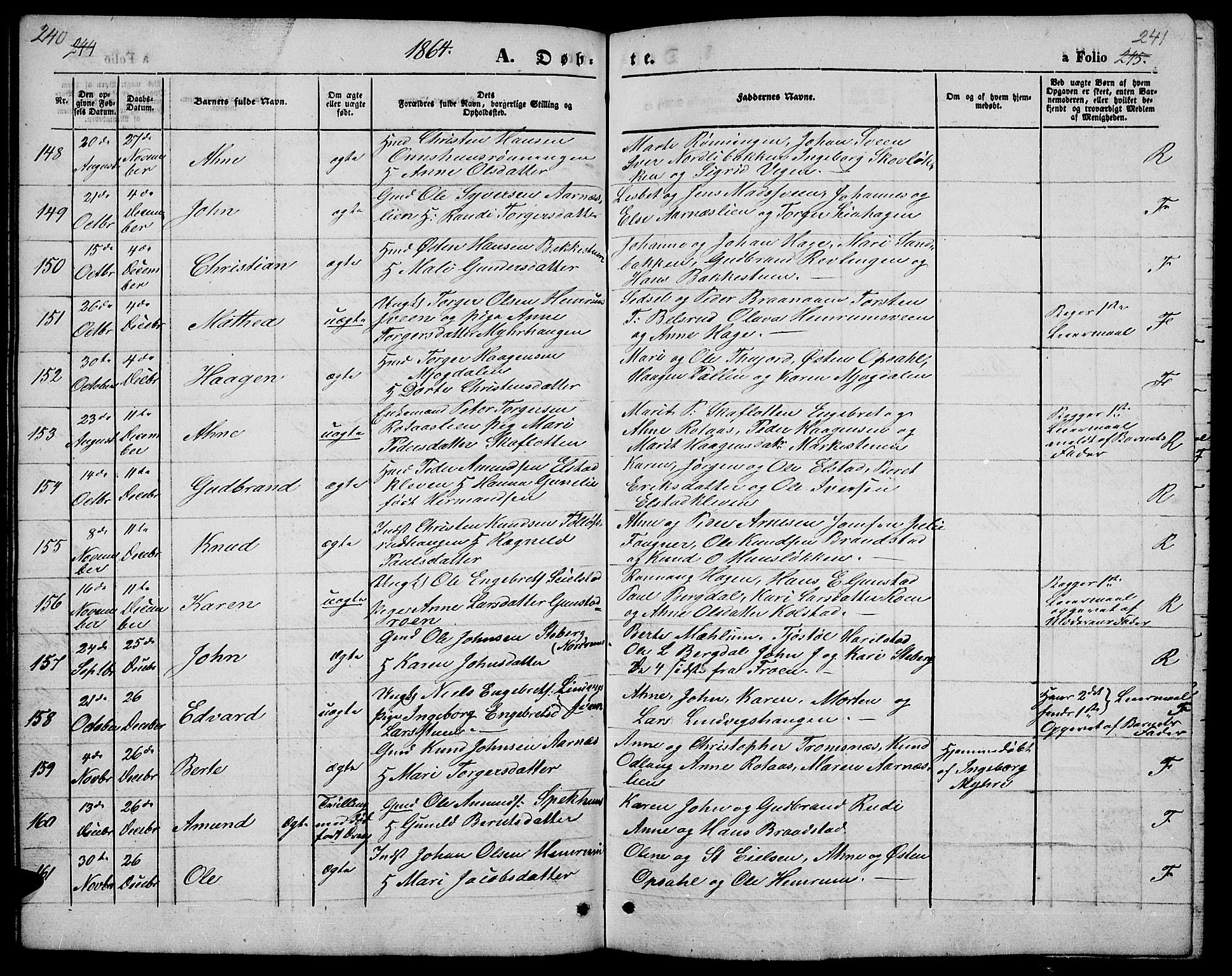 Ringebu prestekontor, SAH/PREST-082/H/Ha/Hab/L0003: Parish register (copy) no. 3, 1854-1866, p. 240-241
