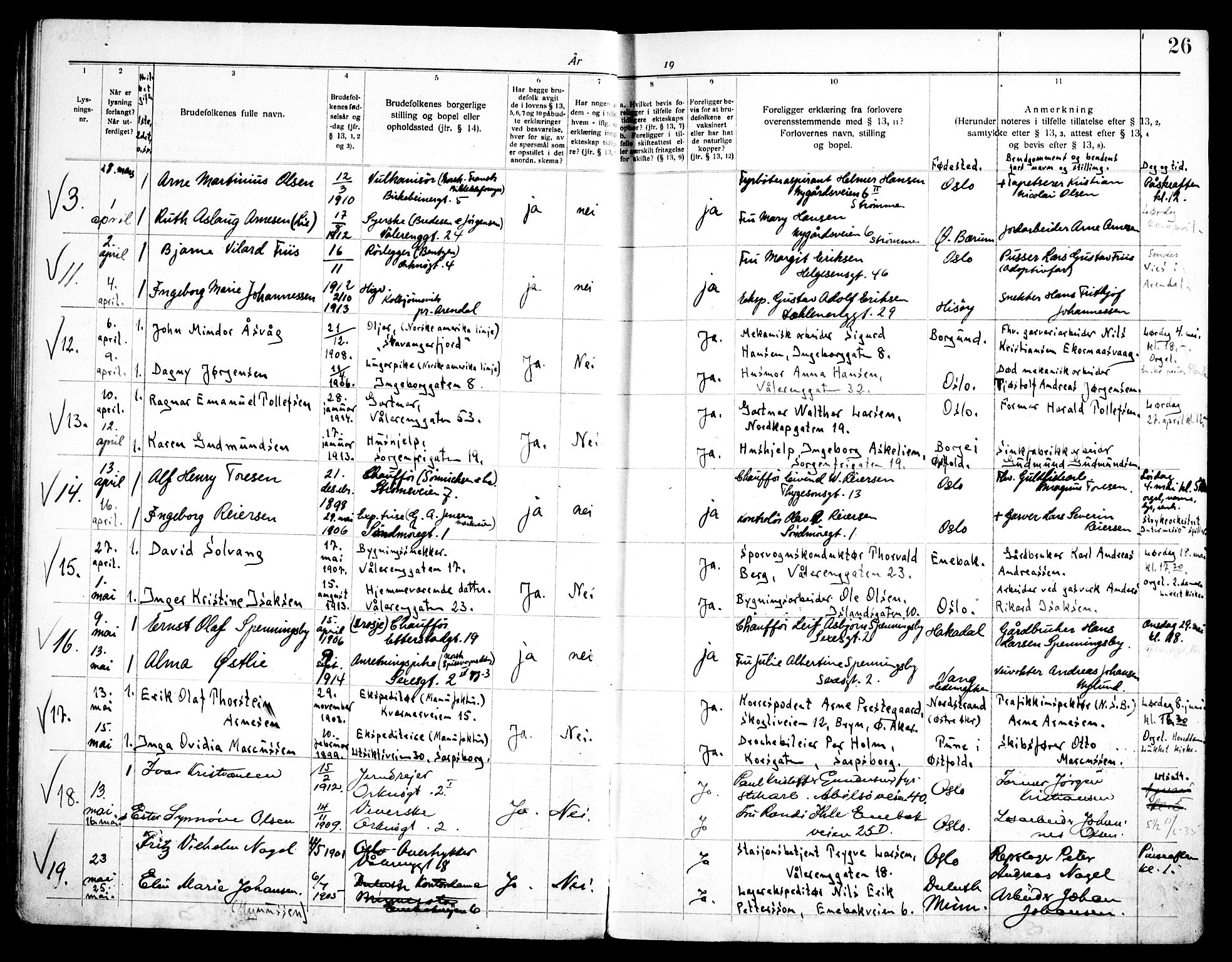 Vålerengen prestekontor Kirkebøker, AV/SAO-A-10878/H/Ha/L0004: Banns register no. 4, 1932-1947, p. 26