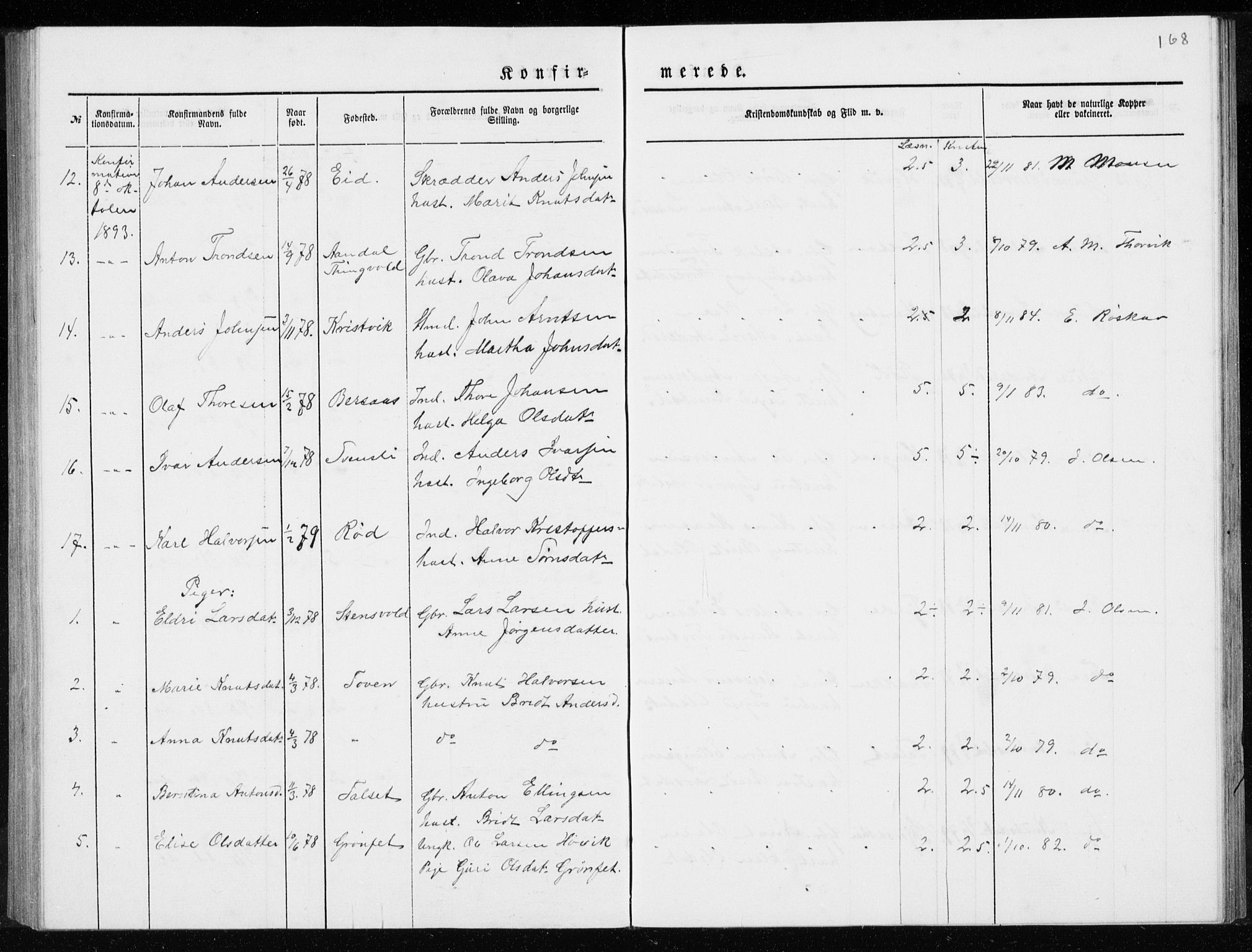 Ministerialprotokoller, klokkerbøker og fødselsregistre - Møre og Romsdal, AV/SAT-A-1454/551/L0631: Parish register (copy) no. 551C03, 1886-1894, p. 168