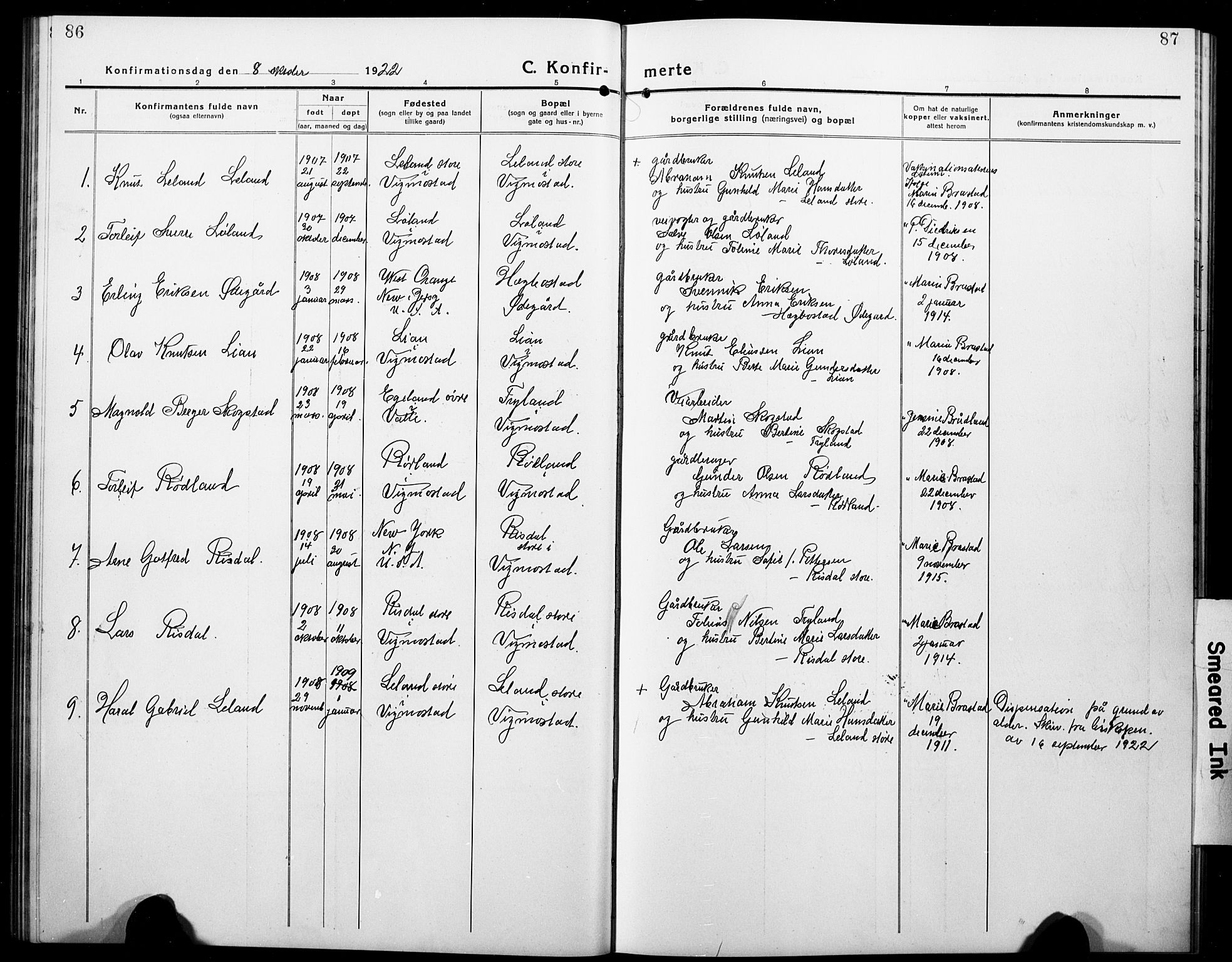 Nord-Audnedal sokneprestkontor, SAK/1111-0032/F/Fb/Fbb/L0005: Parish register (copy) no. B 5, 1918-1929, p. 86-87