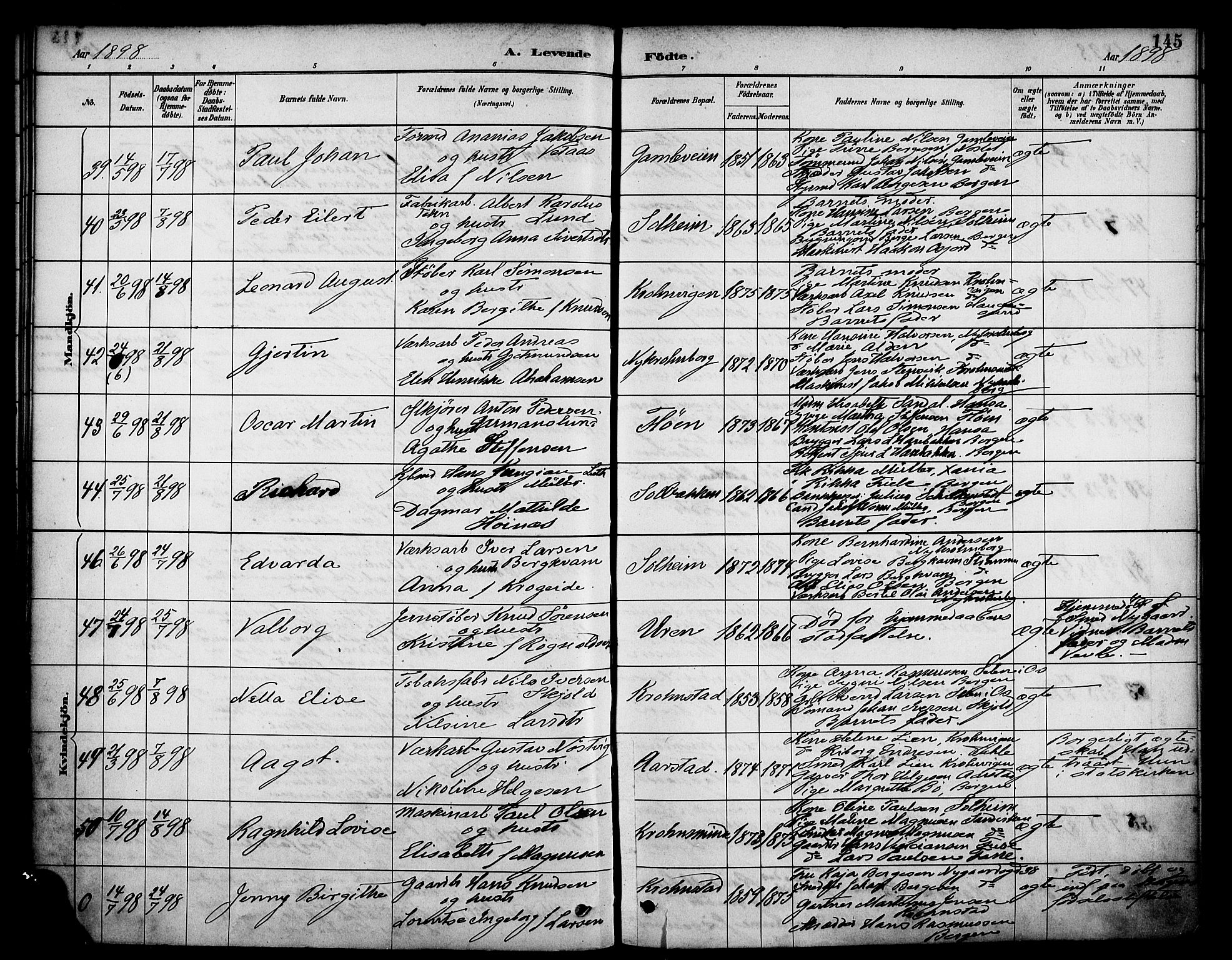 Årstad Sokneprestembete, SAB/A-79301/H/Haa/L0001: Parish register (official) no. A 1, 1886-1901, p. 145