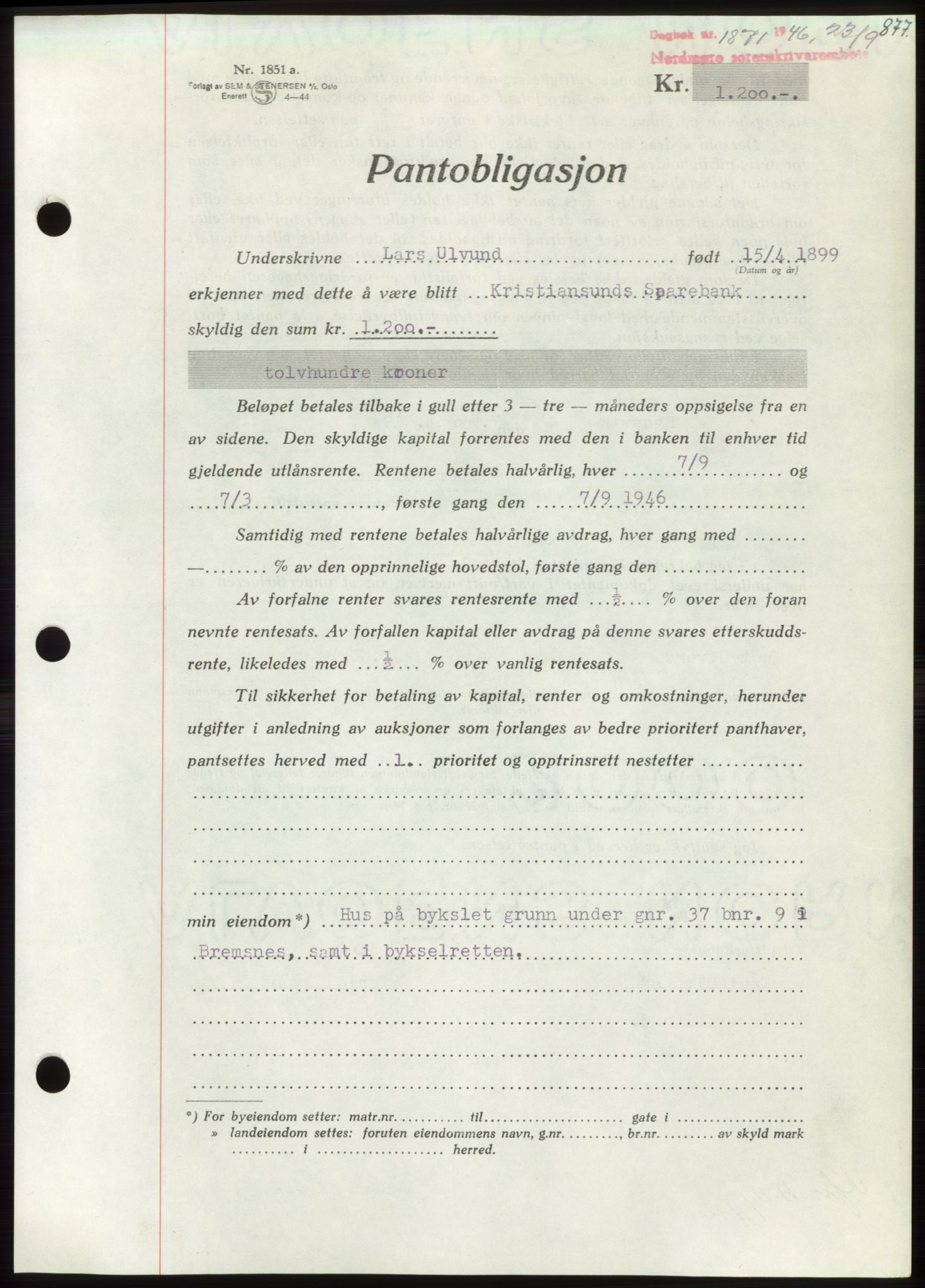 Nordmøre sorenskriveri, AV/SAT-A-4132/1/2/2Ca: Mortgage book no. B94, 1946-1946, Diary no: : 1871/1946