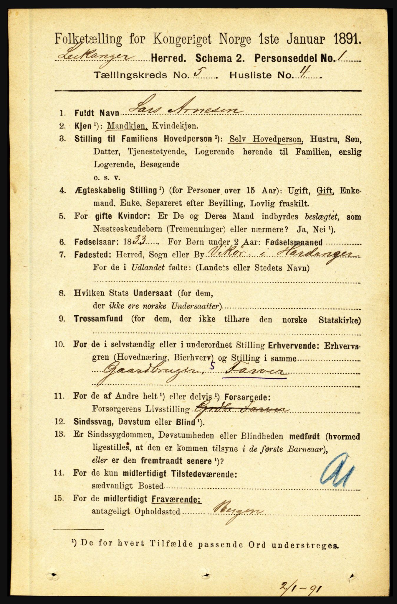 RA, 1891 census for 1419 Leikanger, 1891, p. 885