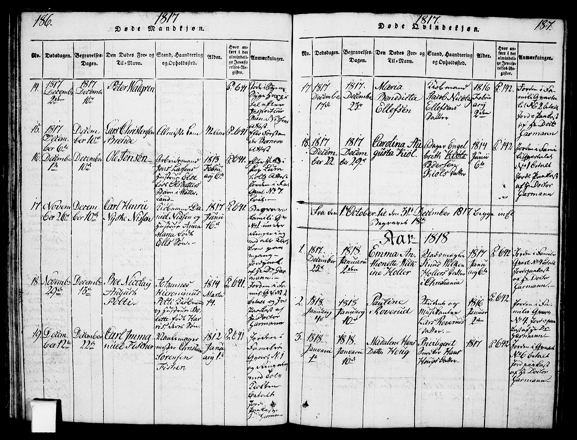 Oslo domkirke Kirkebøker, SAO/A-10752/F/Fa/L0007: Parish register (official) no. 7, 1817-1824, p. 186-187