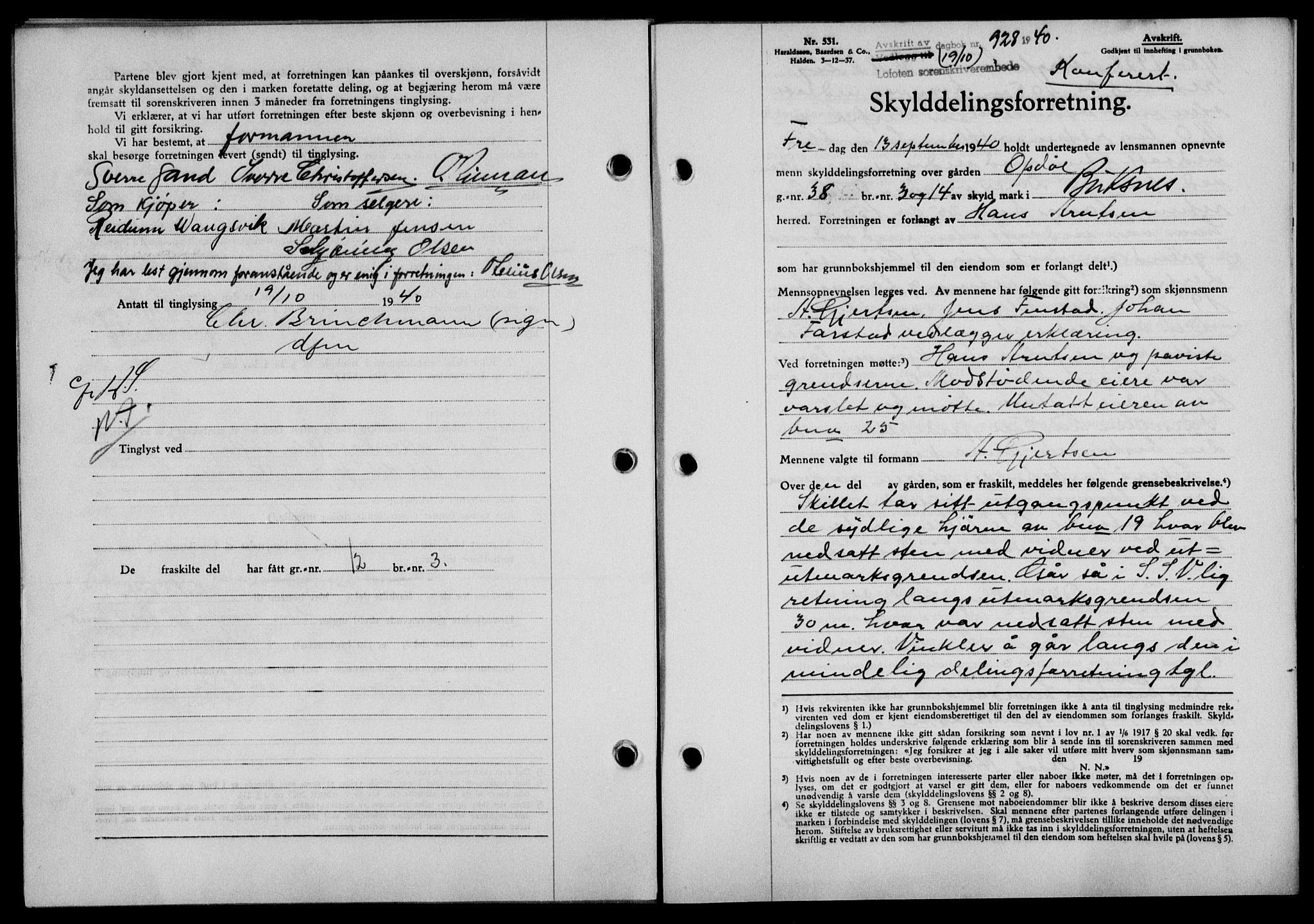 Lofoten sorenskriveri, SAT/A-0017/1/2/2C/L0007a: Mortgage book no. 7a, 1939-1940, Diary no: : 928/1940