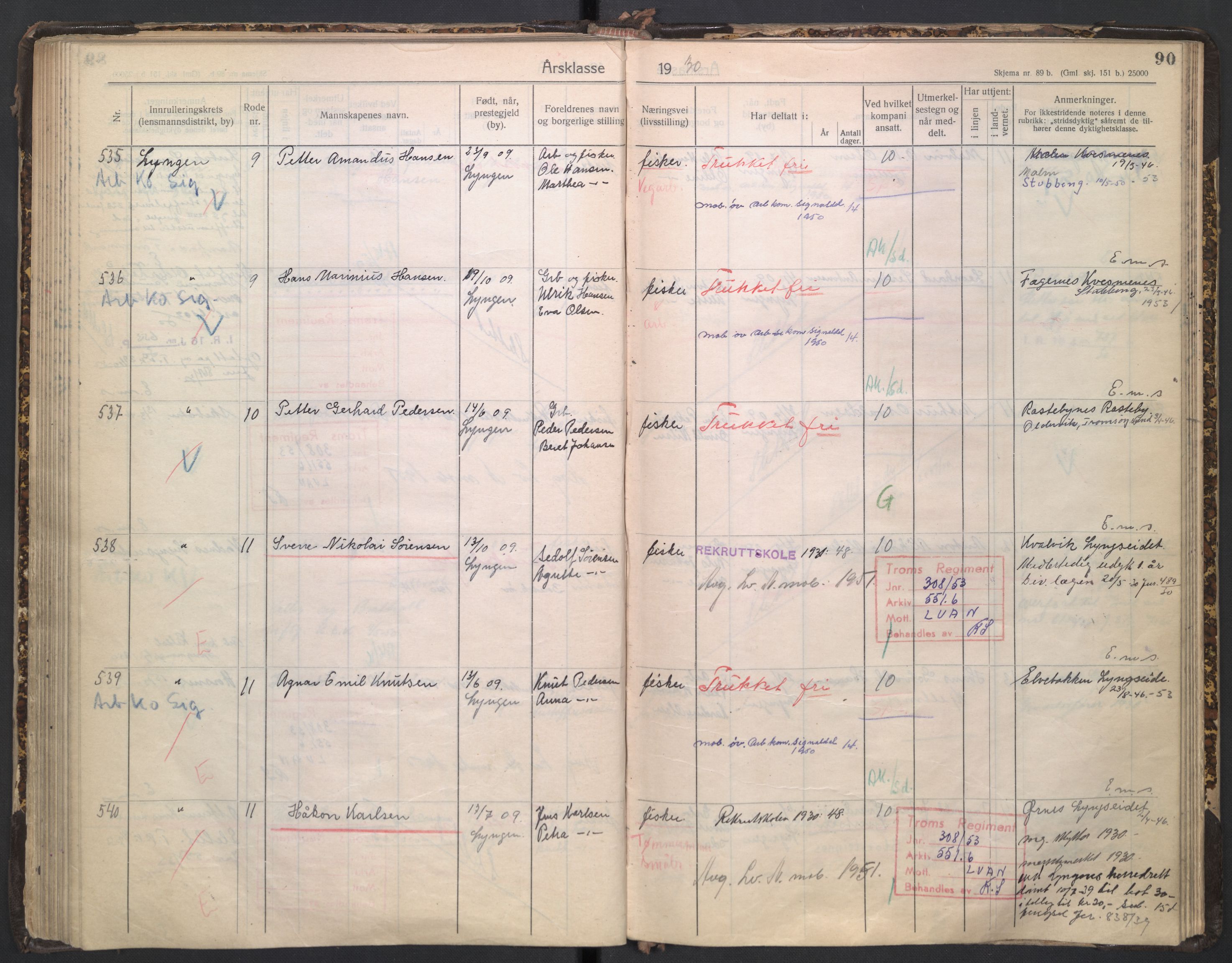 Forsvaret, Troms infanteriregiment nr. 16, AV/RA-RAFA-3146/P/Pa/L0005/0003: Ruller / Rulle for regimentets stridende menige mannskaper, årsklasse 1930, 1930, p. 90