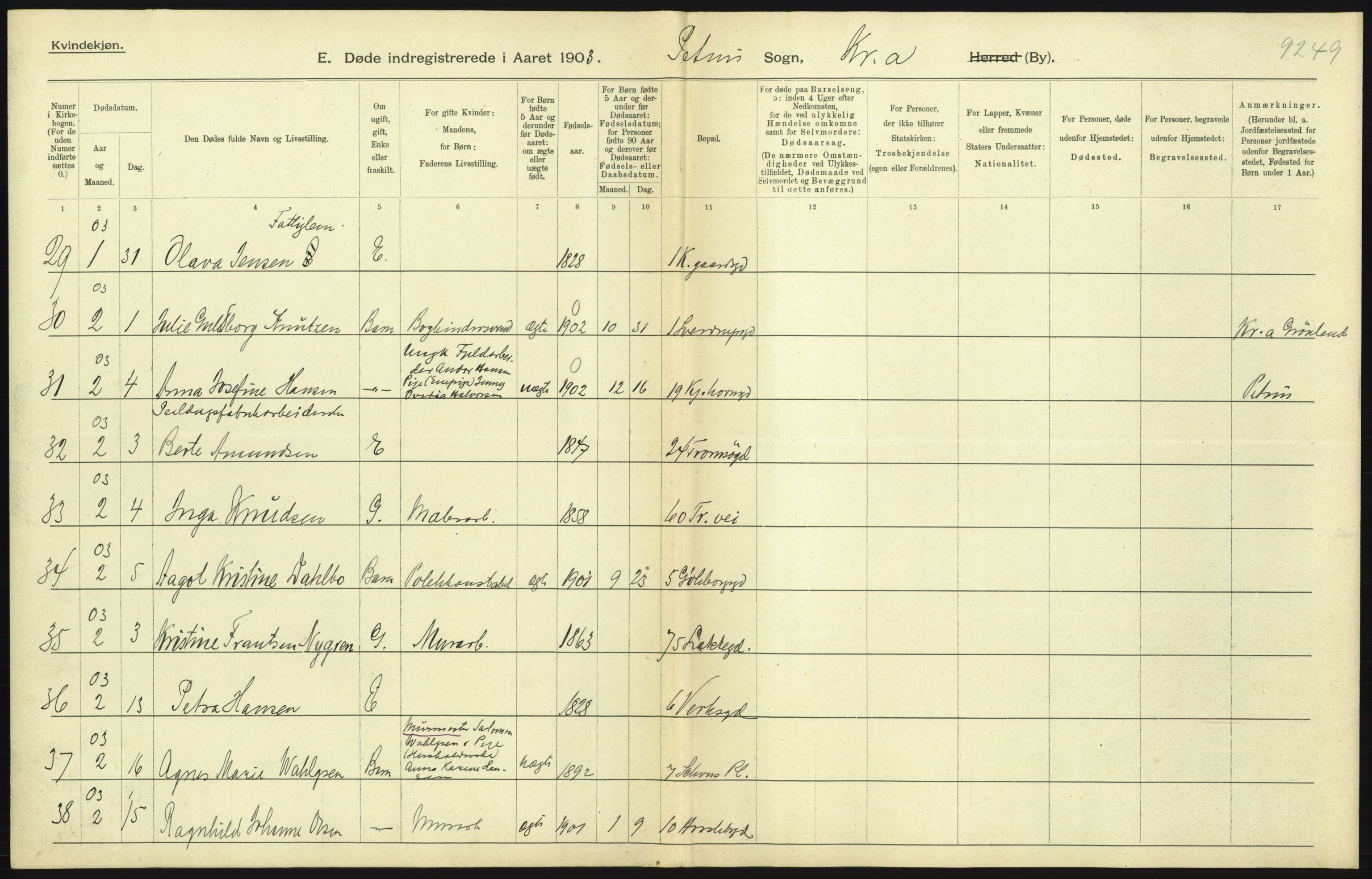 Statistisk sentralbyrå, Sosiodemografiske emner, Befolkning, AV/RA-S-2228/D/Df/Dfa/Dfaa/L0004: Kristiania: Gifte, døde, 1903, p. 335