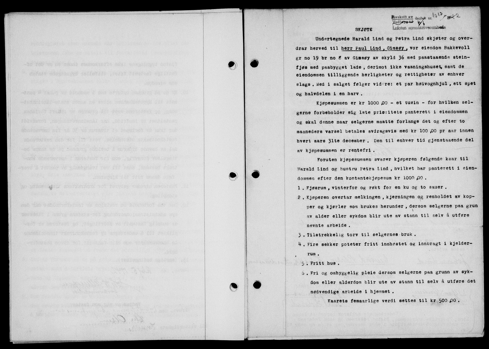 Lofoten sorenskriveri, SAT/A-0017/1/2/2C/L0010a: Mortgage book no. 10a, 1942-1943, Diary no: : 1013/1942