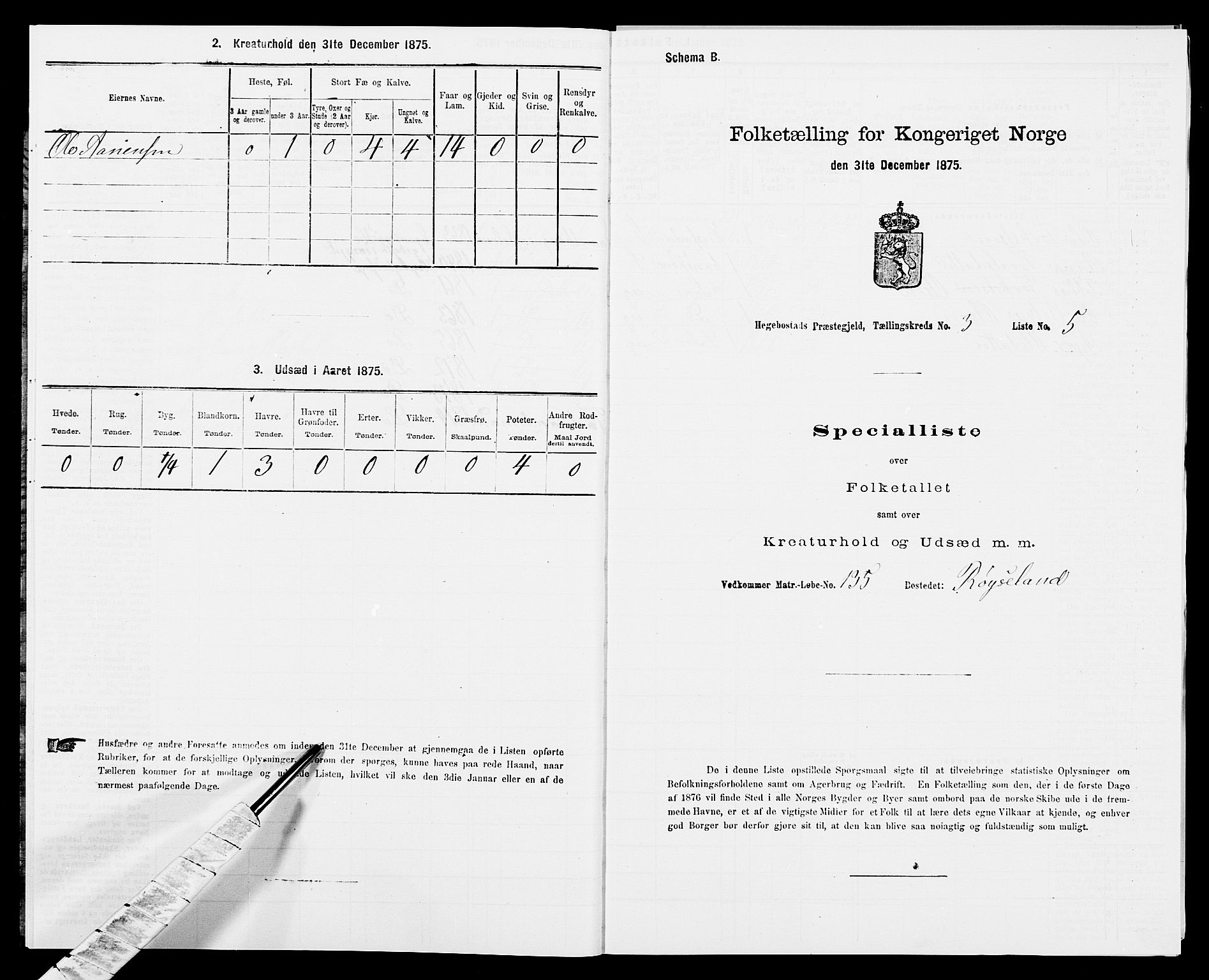 SAK, 1875 census for 1034P Hægebostad, 1875, p. 209