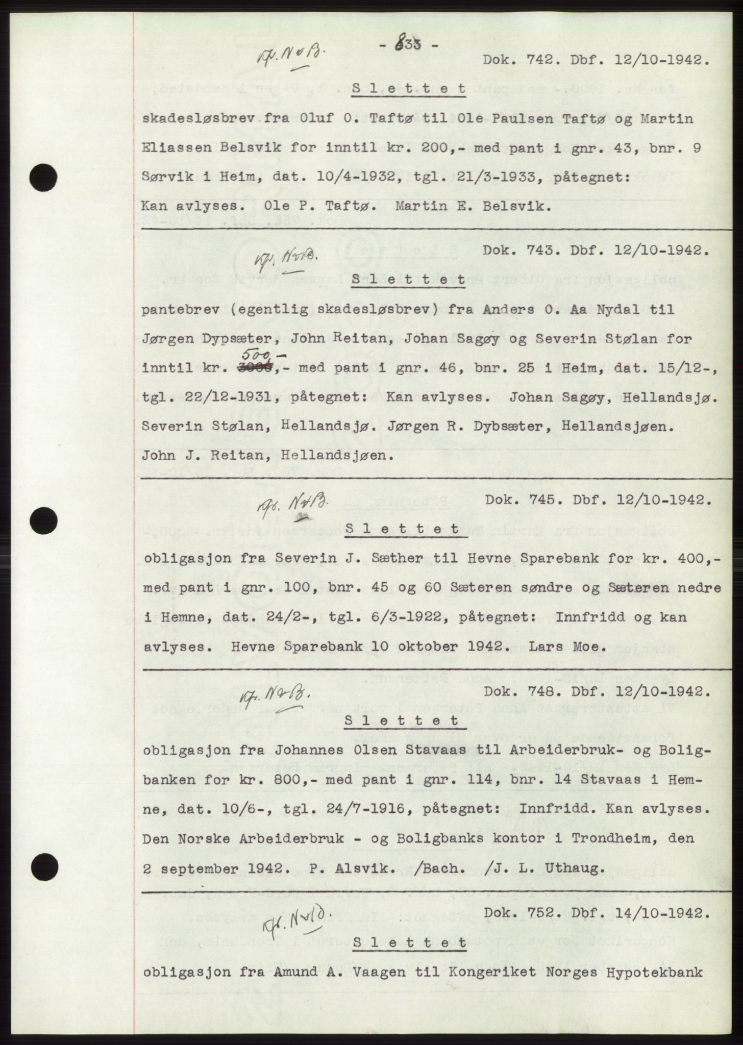 Hitra sorenskriveri, AV/SAT-A-0018/2/2C/2Ca: Mortgage book no. C1, 1936-1945, Diary no: : 742/1942