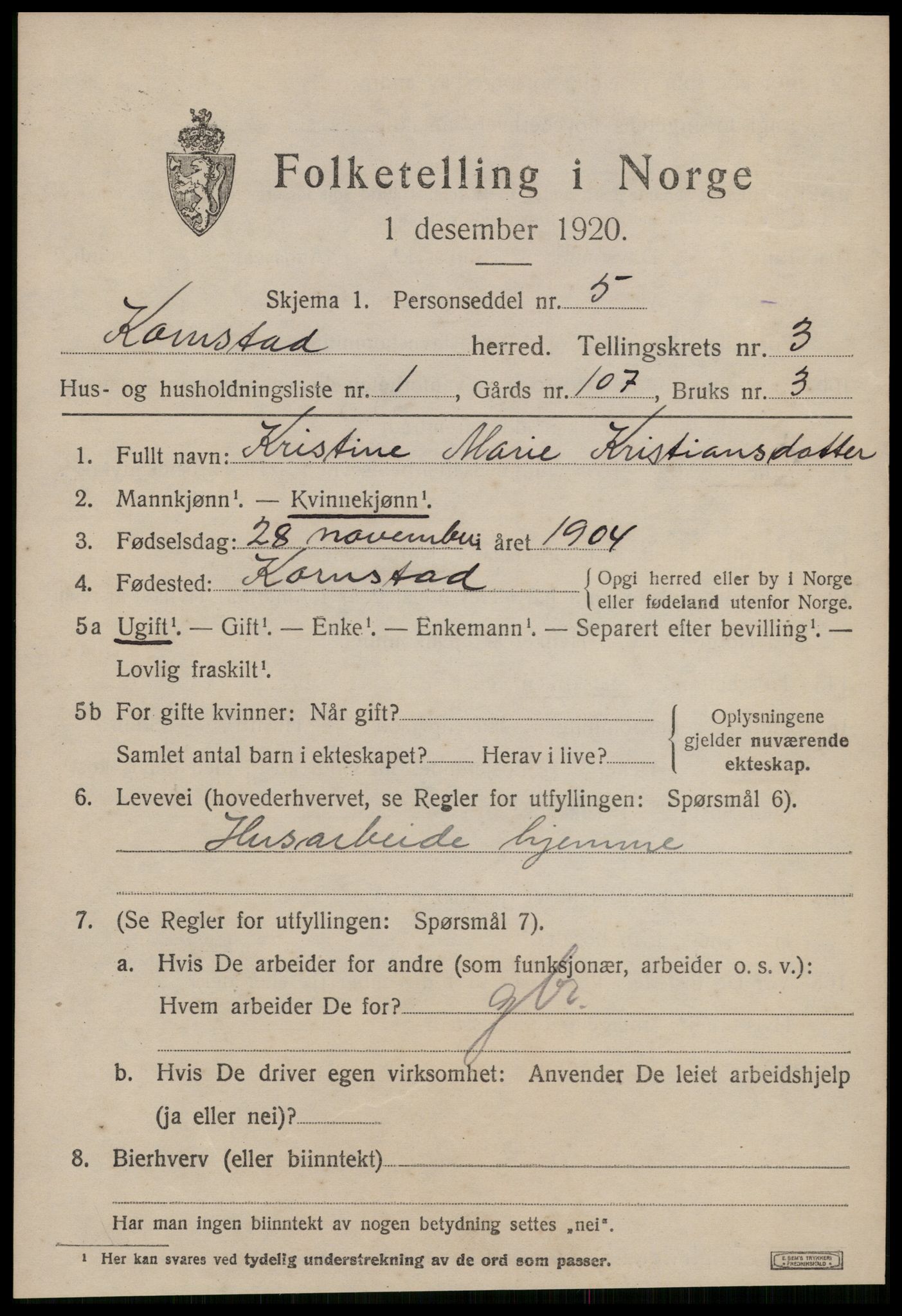 SAT, 1920 census for Kornstad, 1920, p. 1913