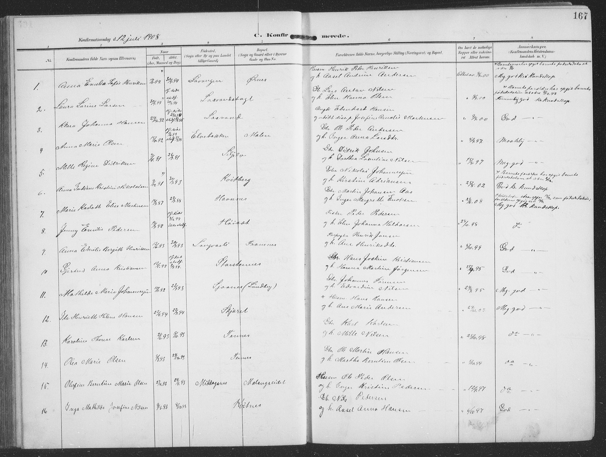 Balsfjord sokneprestembete, SATØ/S-1303/G/Ga/L0009klokker: Parish register (copy) no. 9, 1906-1920, p. 167
